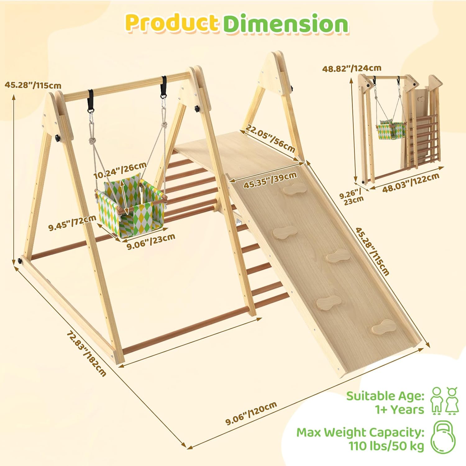 Indoor Jungle Gym, 3 in 1 Wooden Foldable Montessori Toddler Climbing Toys with Adjustable Baby Swing Ramp Ladder