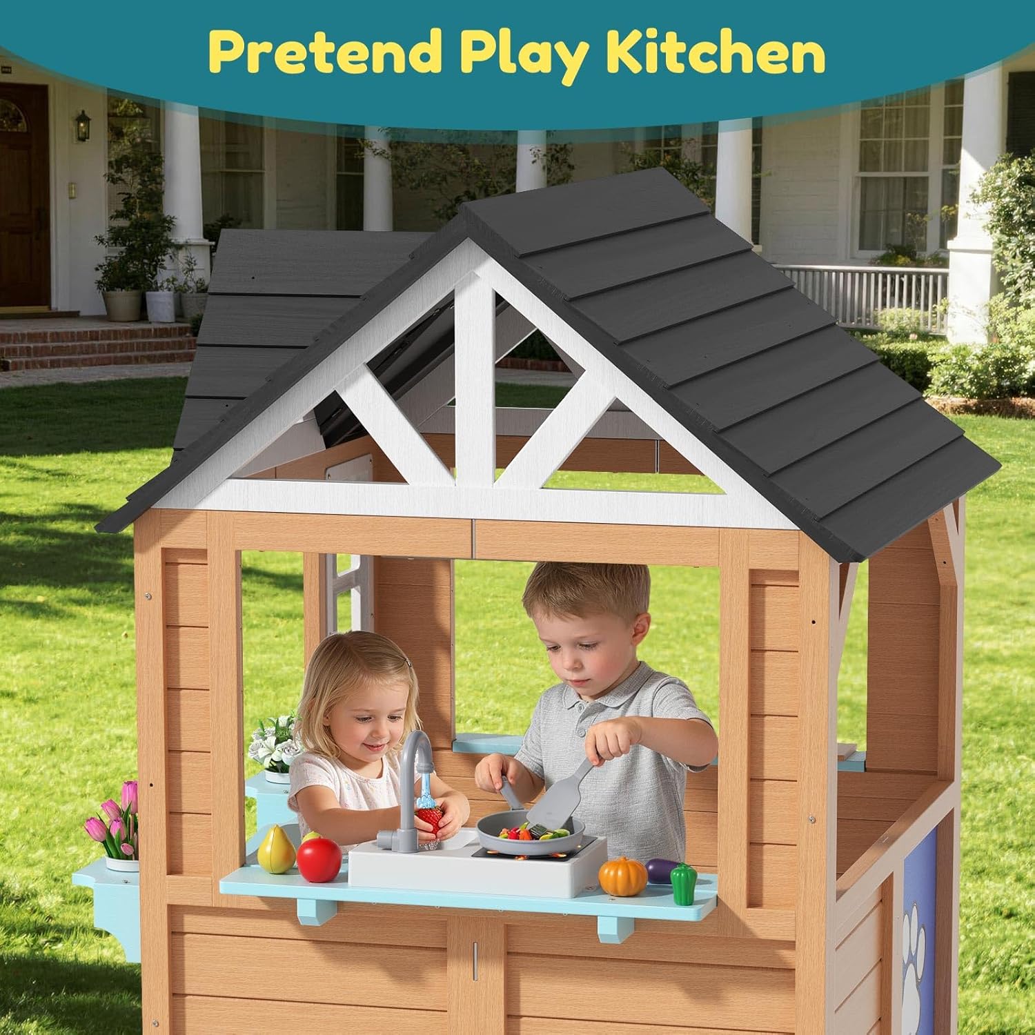 Outdoor Playhouse for Kids - Wooden Kid Play House with Play Kitchen, Birdhouse, Flowerpot Holders and Mud Molds