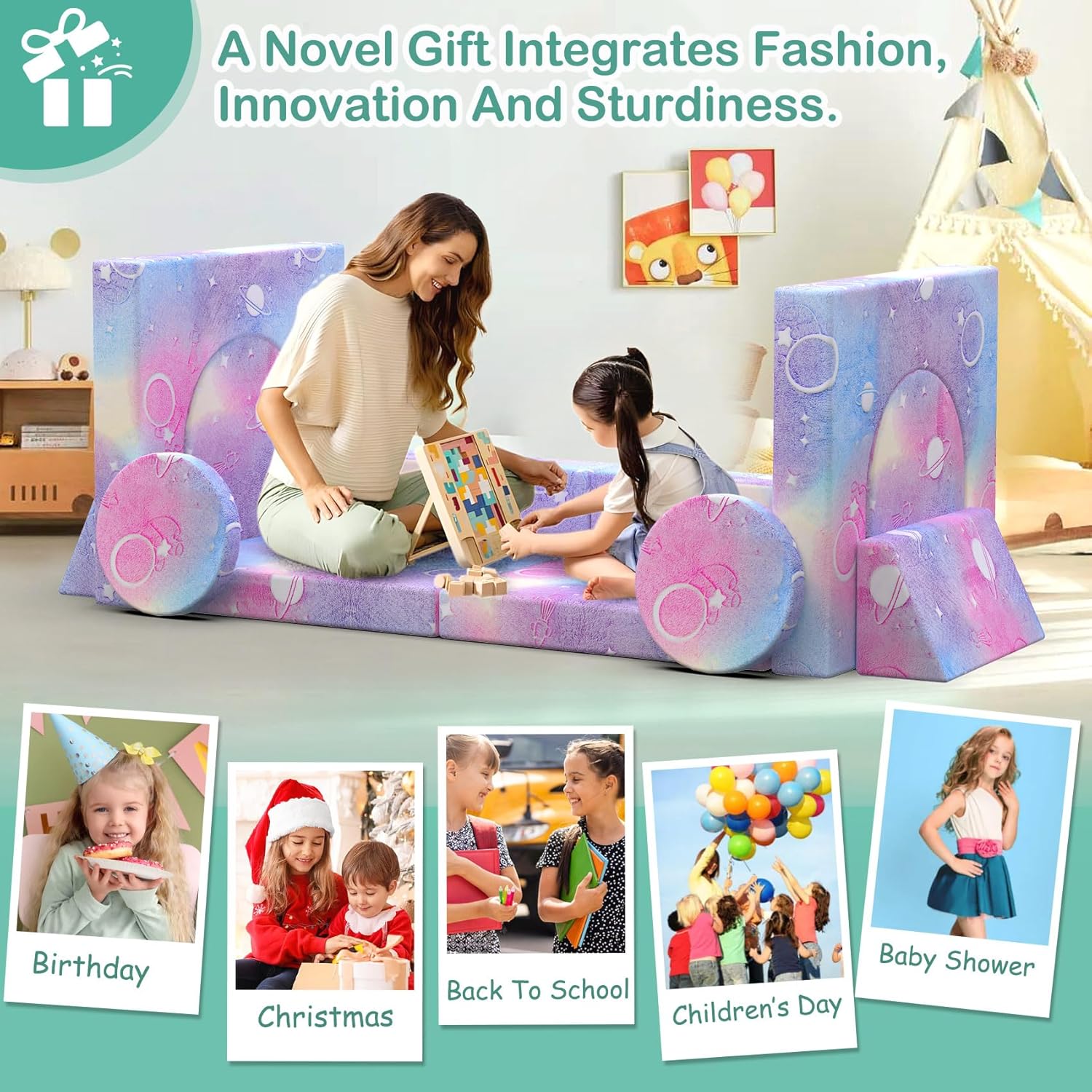 12PCS Modular Kids Play Sofa with Blanket, Play Couch with Glow Effects for Playroom & Indoor