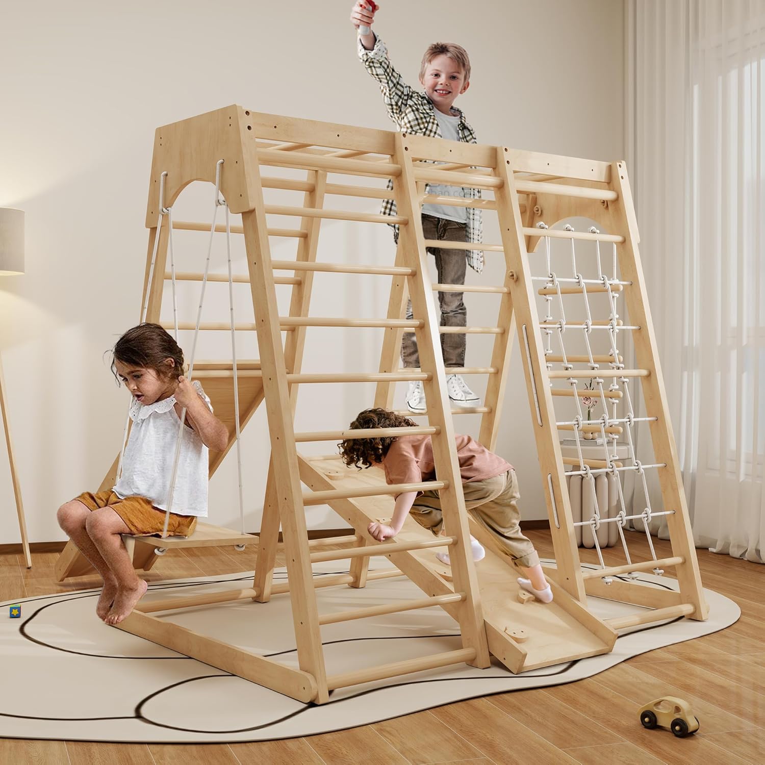 Indoor Jungle Gym for Toddlers, 8-in-1 Wooden Montessori Climbing Toys with Slide, Swing, Rock Wall, Rope Ladder, Monkey Bars