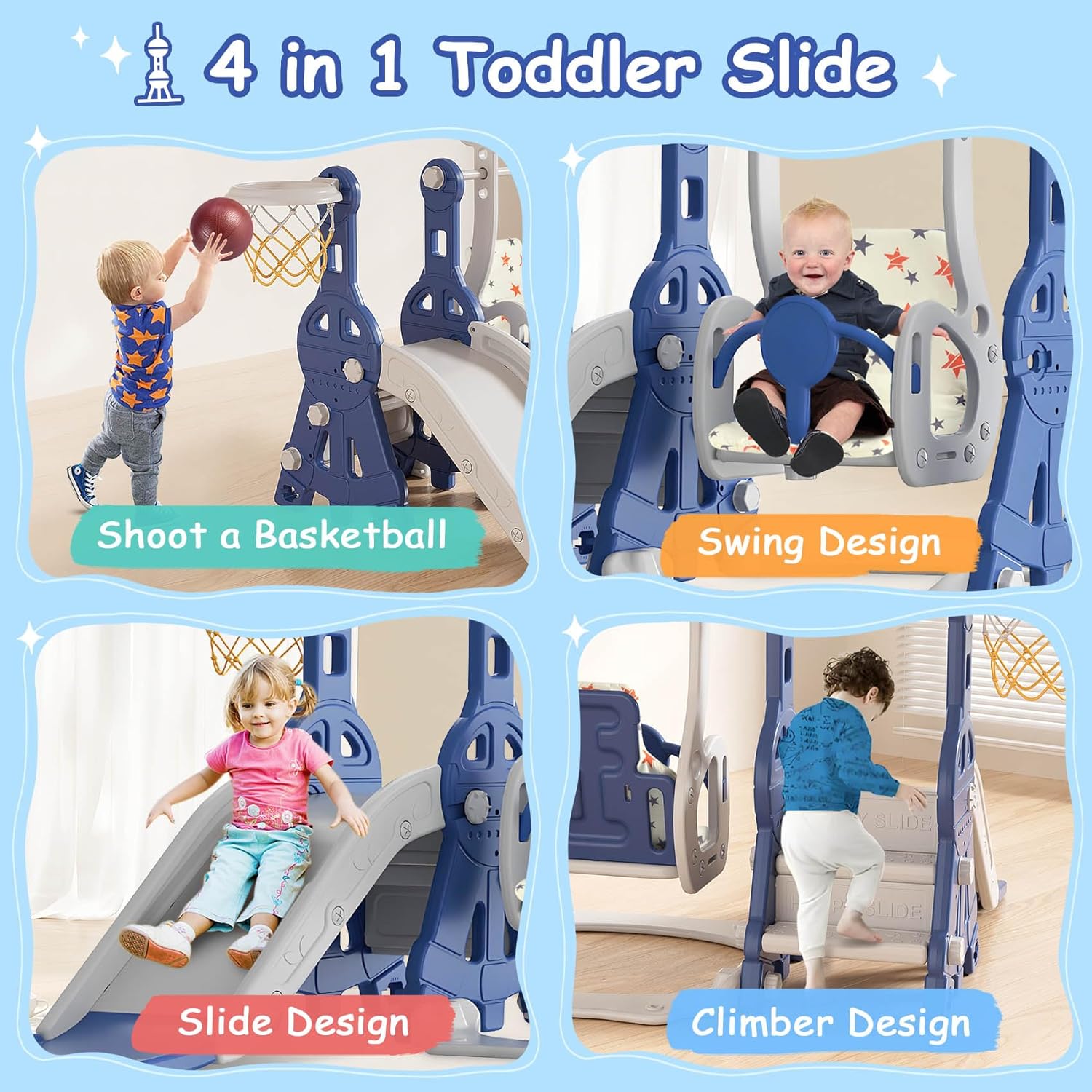 4 in 1 Toddler Slide and Swing Set, Baby Slide for Toddlers Age 1-2