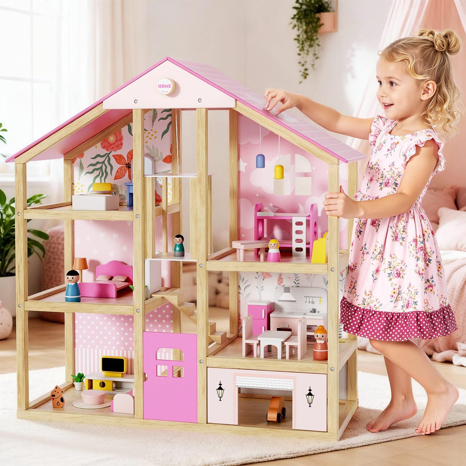 Wooden Dollhouse for Girls, Large Pink Wooden Doll House with 39 Furniture Accessories, Elevator & Garage, 5 Rooms Modern Dollhouse for Toddlers