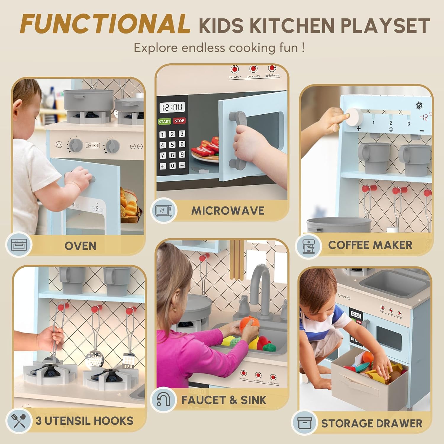 Play Kitchen with Realistic Lights & Sounds, Wooden Kitchen Playset Chef Pretend Play Set for Toddlers