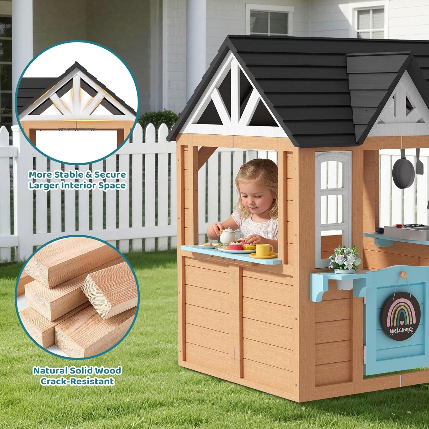 Outdoor Playhouse for Kids - Wooden Kid Play House with Play Kitchen, Birdhouse, Flowerpot Holders and Mud Molds