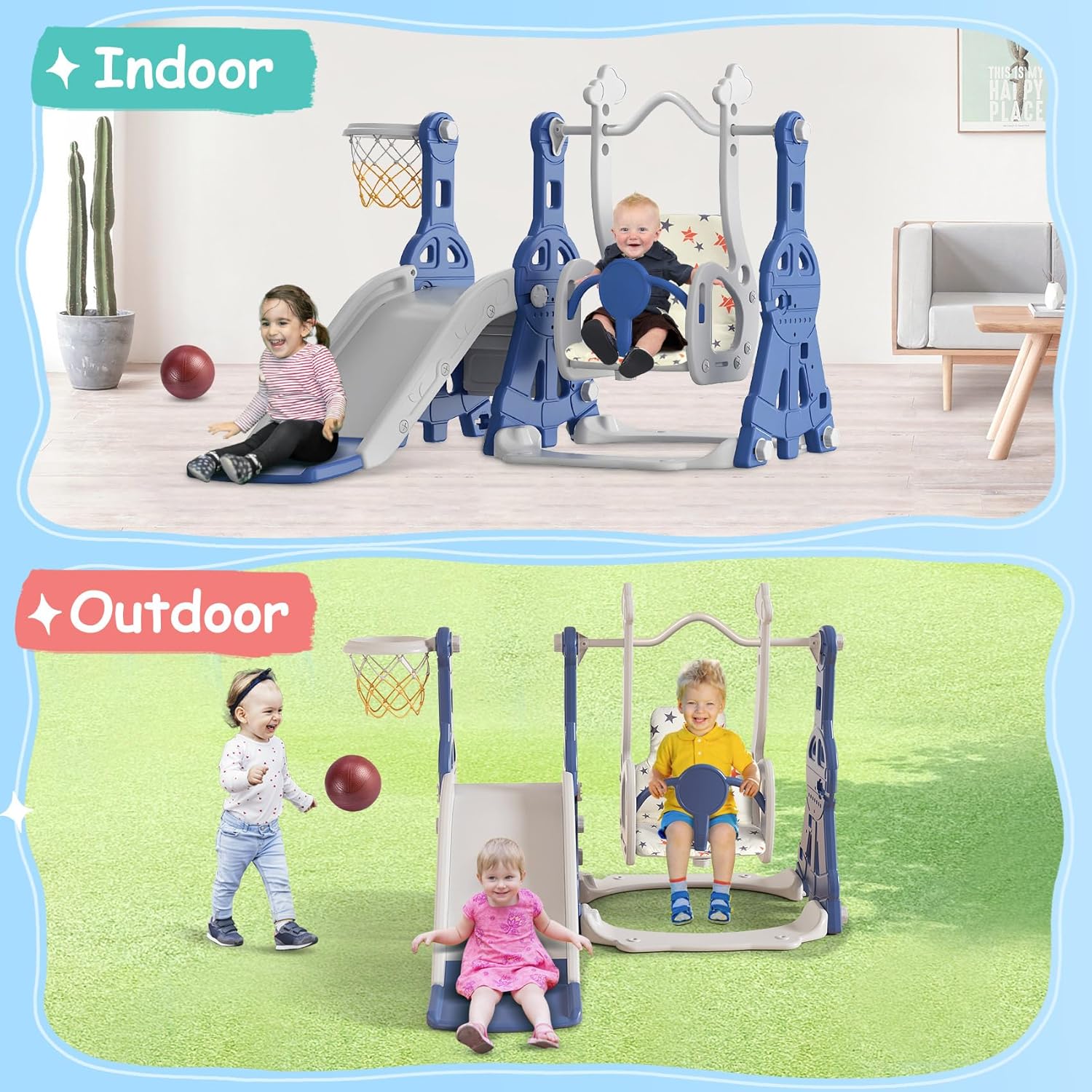 4 in 1 Toddler Slide and Swing Set, Baby Slide for Toddlers Age 1-2