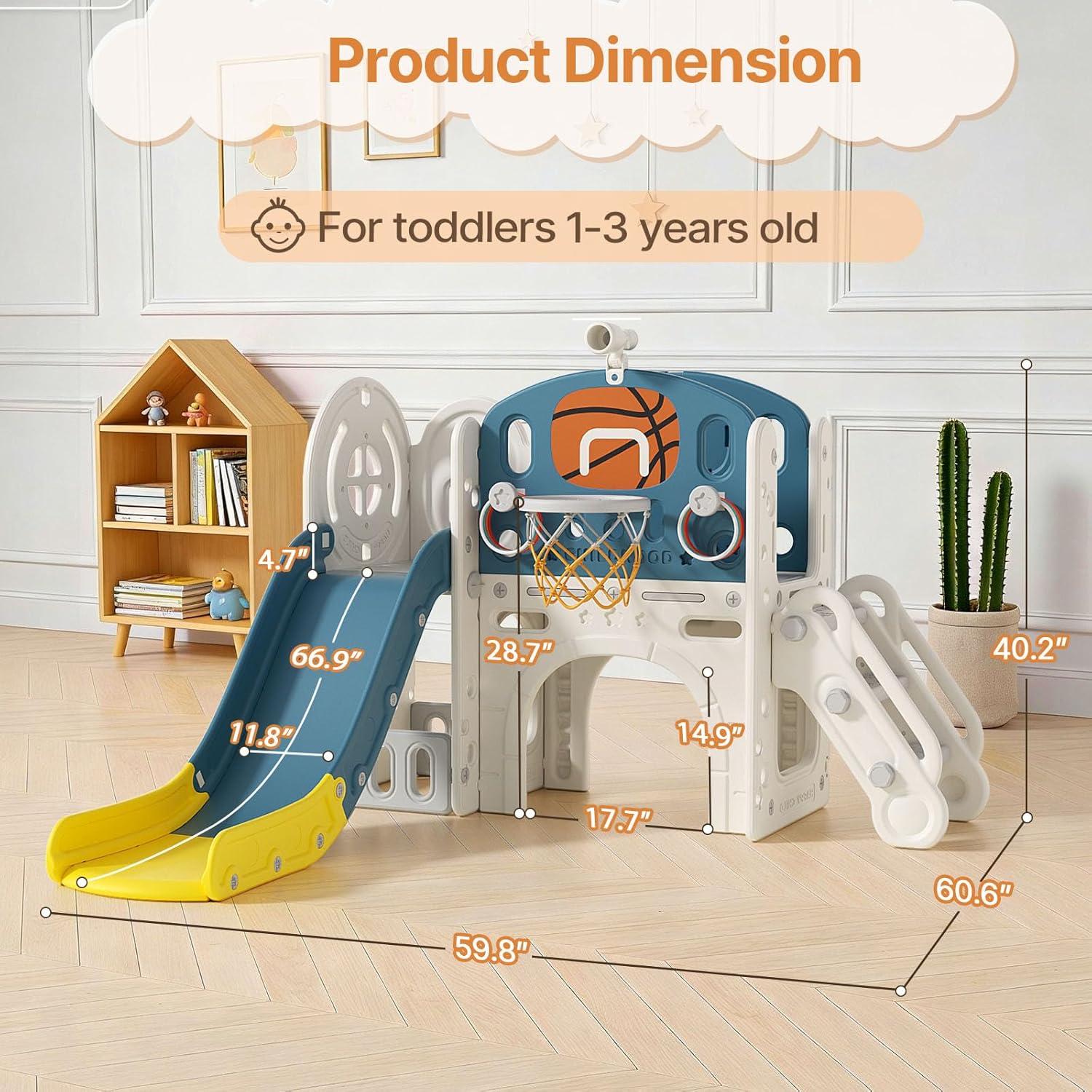 9 in 1 Toddler Slide, Kid Slide for Toddlers Age 1-3 with Ring Toss, Basketball Hoop