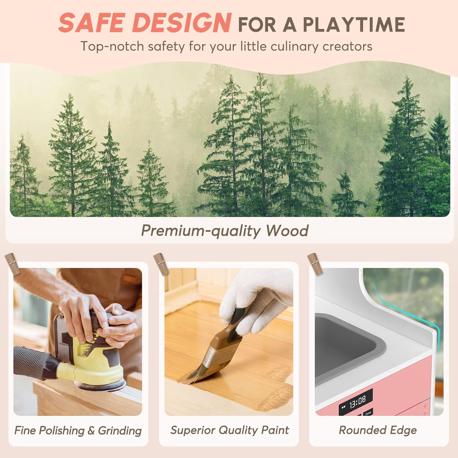 Play Kitchen with Realistic Lights & Sounds, Wooden Kitchen Playset with 28 Pcs Toy Food & Cookware Accessories