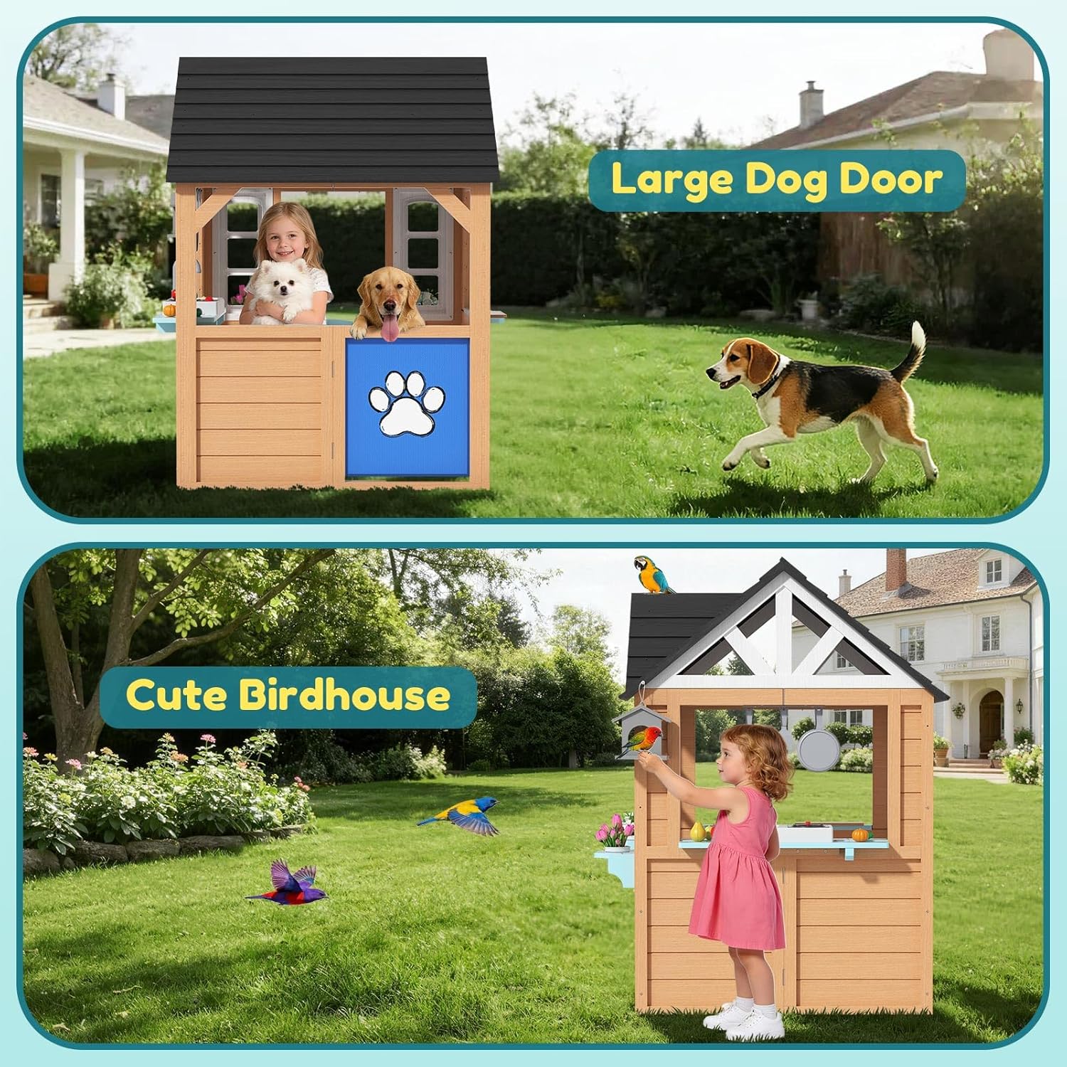 Outdoor Playhouse for Kids - Wooden Kid Play House with Play Kitchen, Birdhouse, Flowerpot Holders and Mud Molds