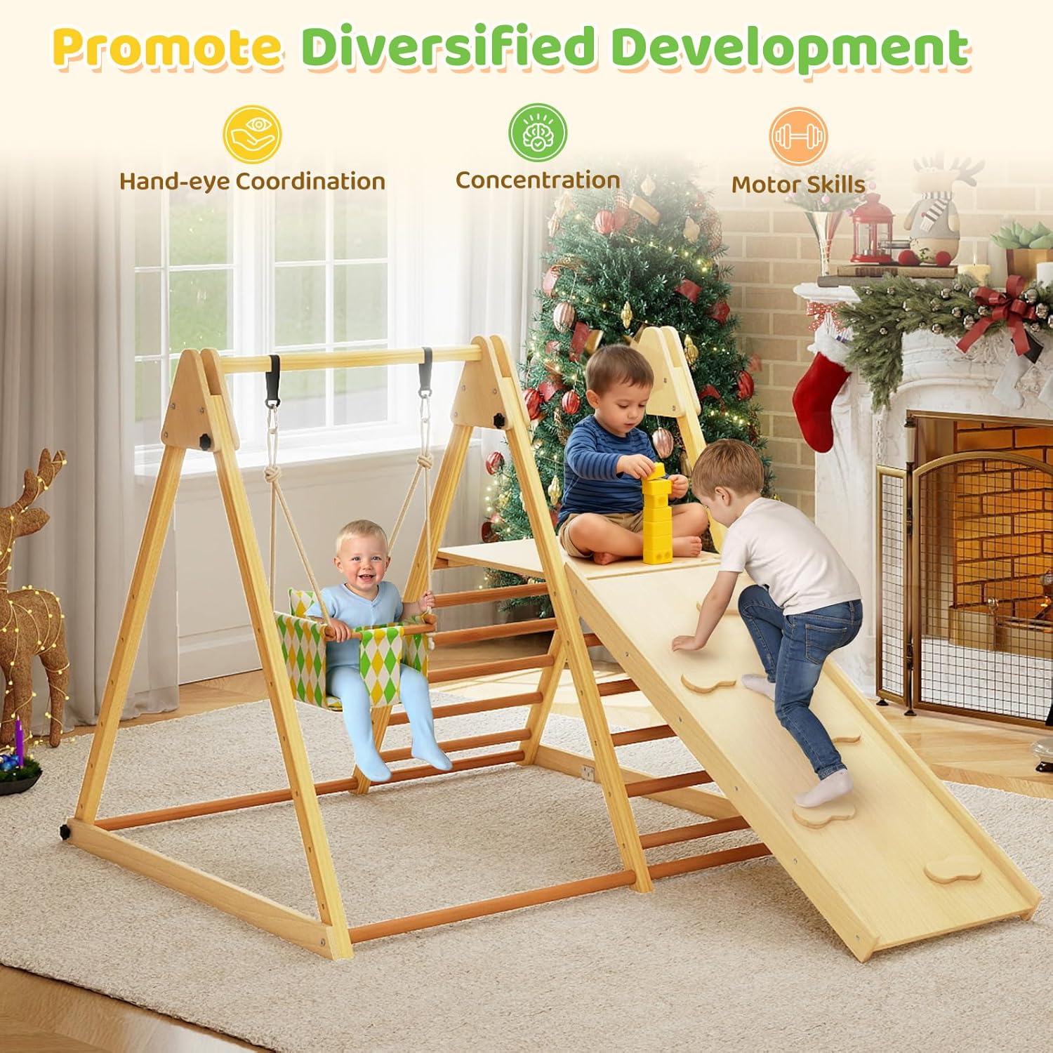 Indoor Jungle Gym, 3 in 1 Wooden Foldable Montessori Toddler Climbing Toys with Adjustable Baby Swing Ramp Ladder