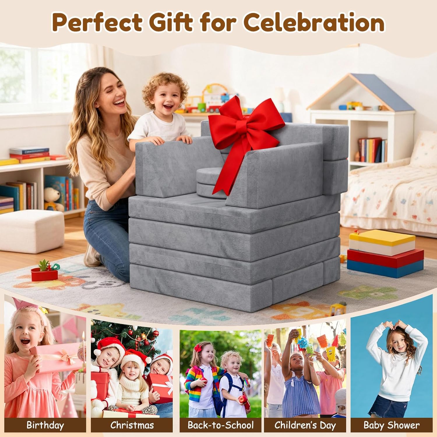 12PCS Modular Kids Play Couch with Blanket, Kids Sofa for Playroom & Indoor, Convertible Toddler Couch for Girls and Boys