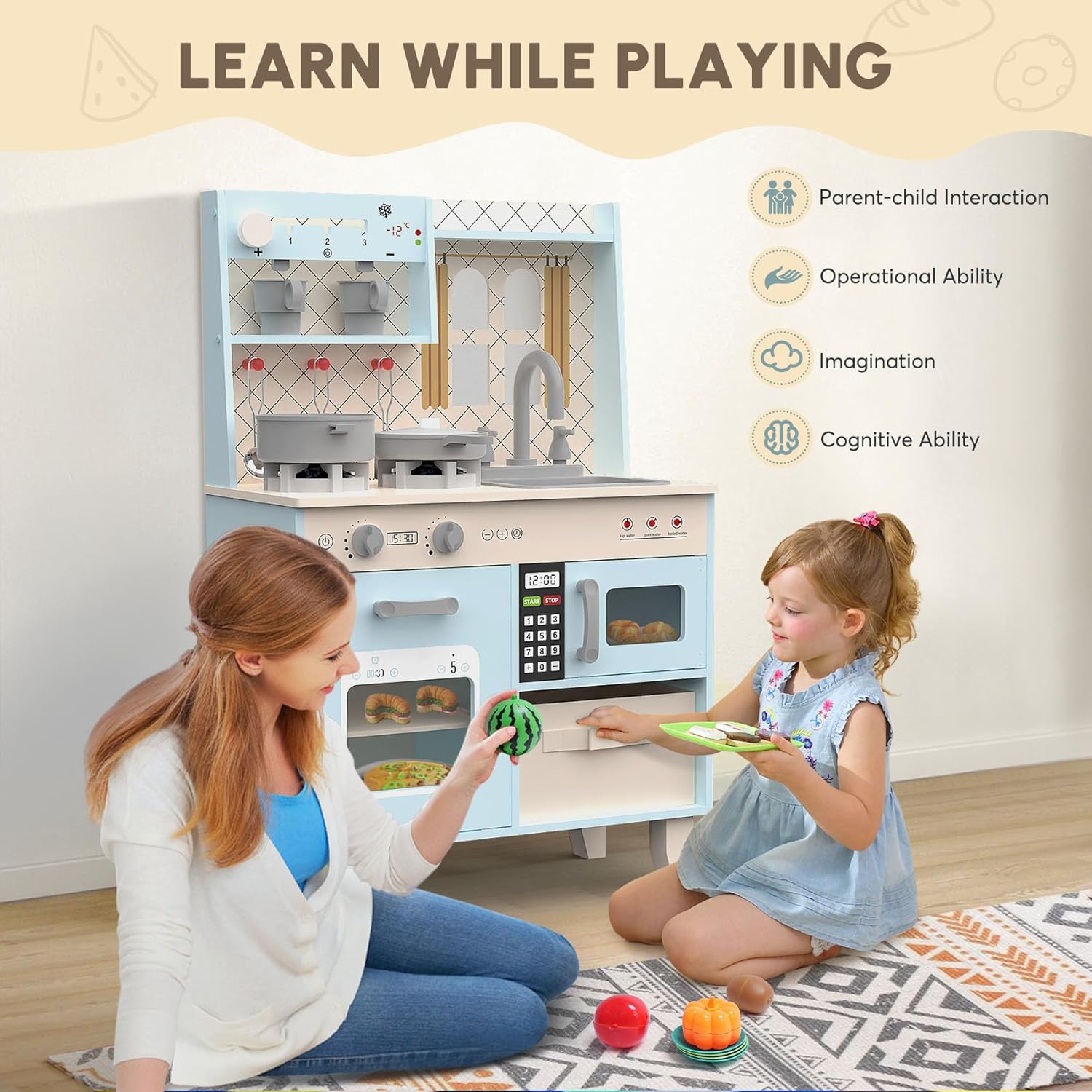 Play Kitchen with Realistic Lights & Sounds, Wooden Kitchen Playset Chef Pretend Play Set for Toddlers