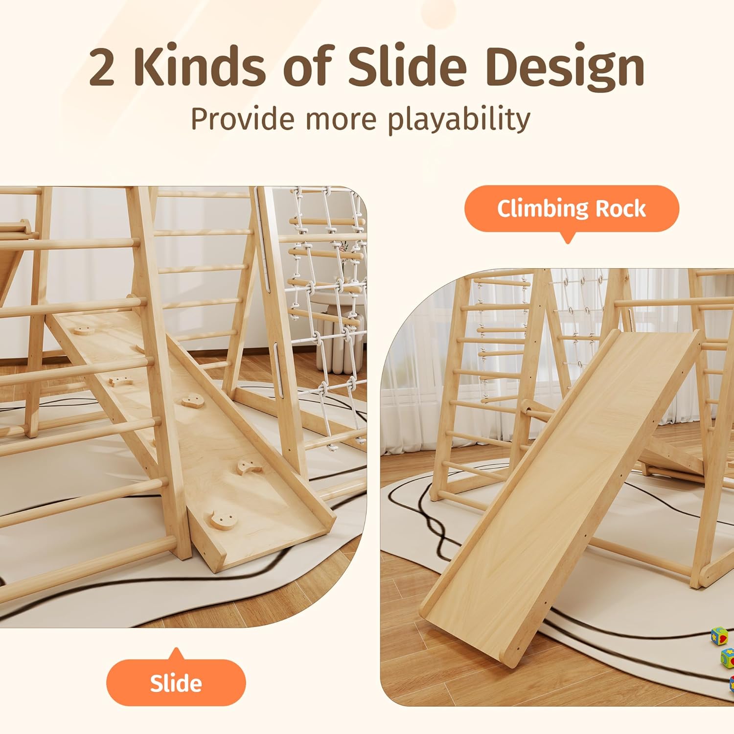 Indoor Jungle Gym for Toddlers, 8-in-1 Wooden Montessori Climbing Toys with Slide, Swing, Rock Wall, Rope Ladder, Monkey Bars