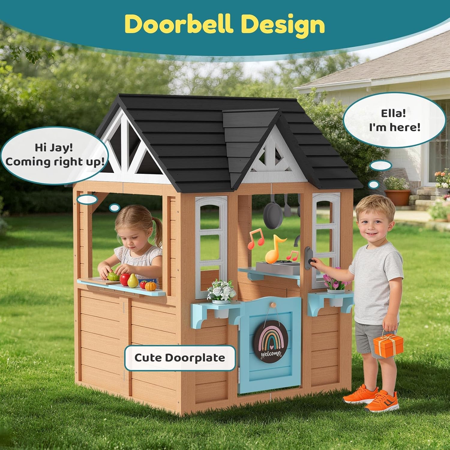 Outdoor Playhouse for Kids - Wooden Kid Play House with Play Kitchen, Birdhouse, Flowerpot Holders and Mud Molds