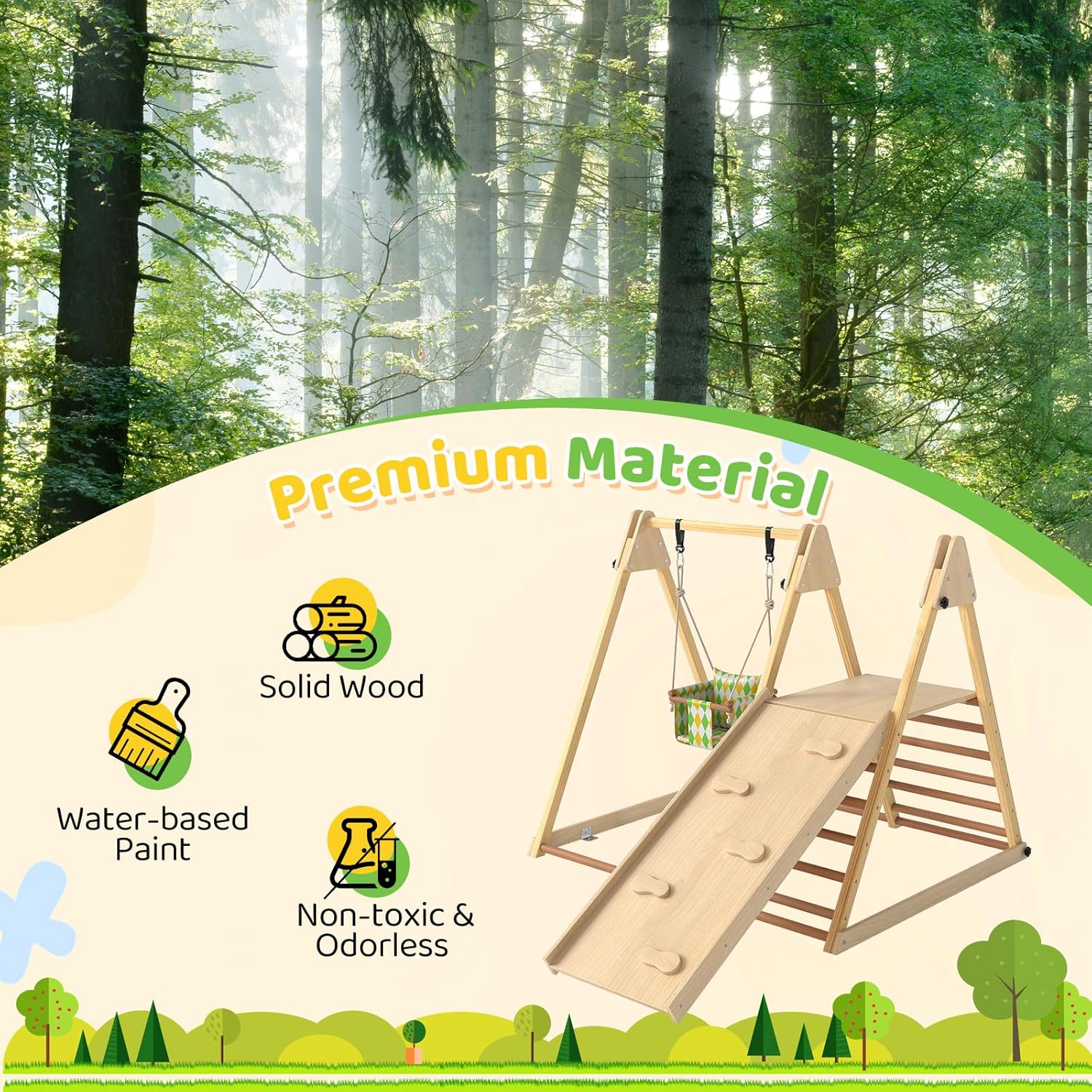 Indoor Jungle Gym, 3 in 1 Wooden Foldable Montessori Toddler Climbing Toys with Adjustable Baby Swing Ramp Ladder
