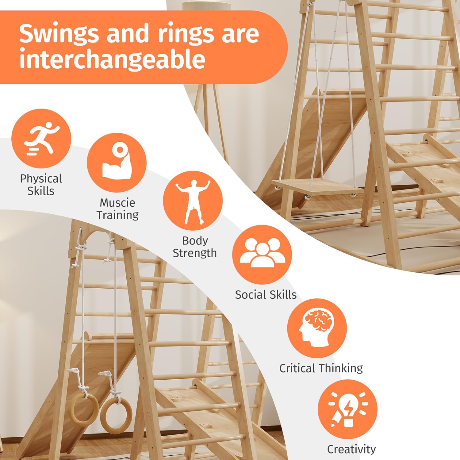 Indoor Jungle Gym for Toddlers, 8-in-1 Wooden Montessori Climbing Toys with Slide, Swing, Rock Wall, Rope Ladder, Monkey Bars