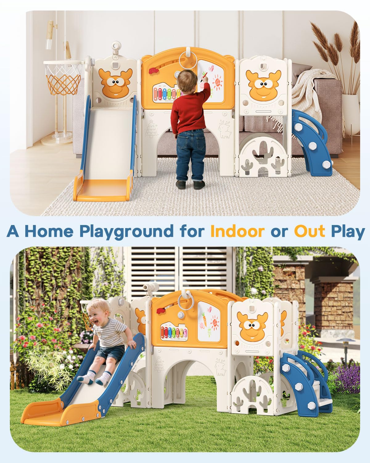 Toddler Slide Set with Basketball Hoop, Golf Game & Drawing Board, 13-in-1 Indoor Outdoor Toddler Slides Playground for Kids Ages 1+
