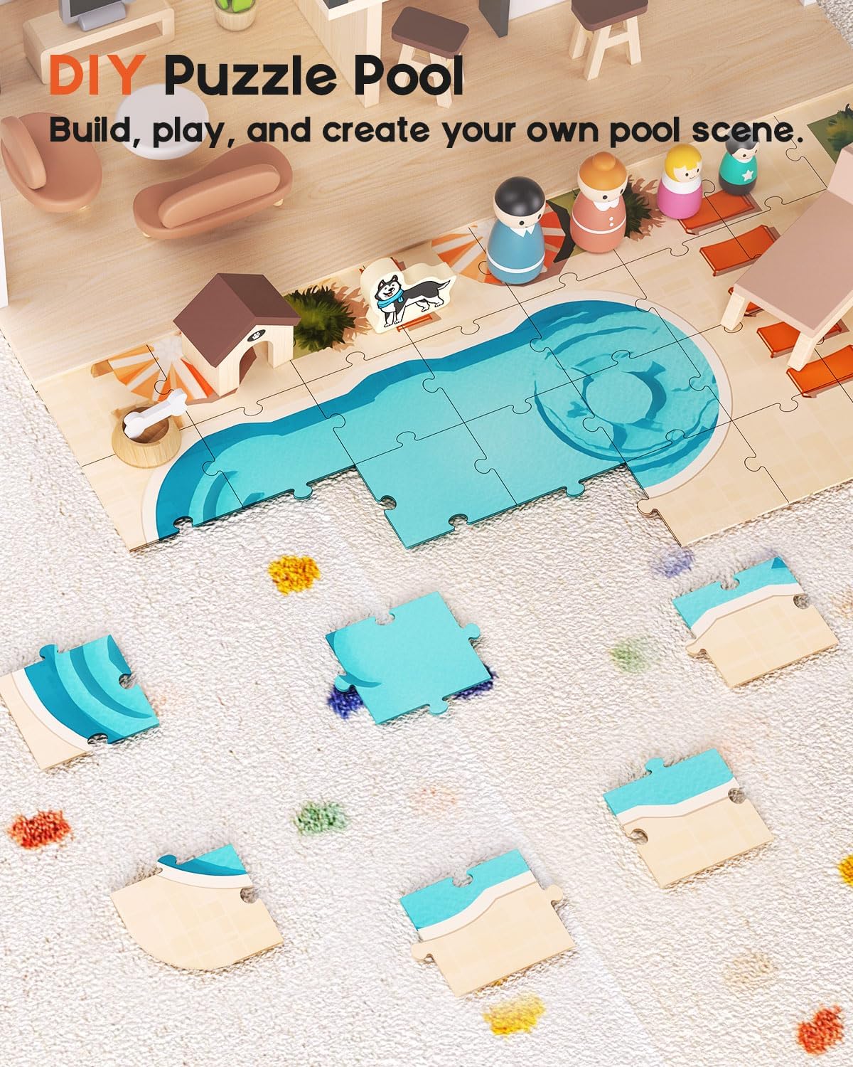 Wooden Dollhouse, Large Modern Doll House with 49Pcs Furniture Accessories, Dolls & Pets, DIY Puzzle Pool Yard, Wood Dollhouse Toy for Toddlers 3+, Ideal Gift for Boys and Girls (Black)