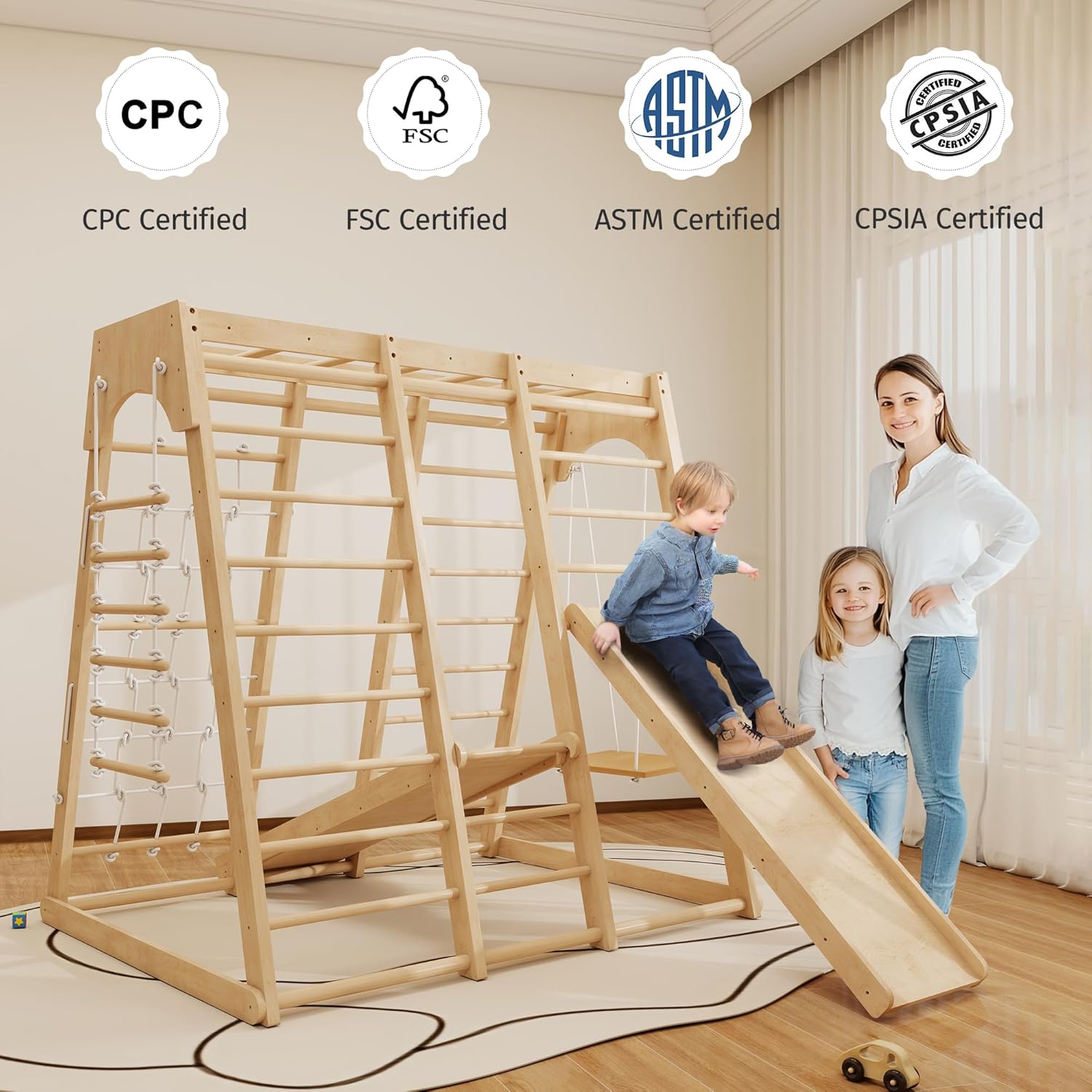 Indoor Jungle Gym for Toddlers, 8-in-1 Wooden Montessori Climbing Toys with Slide, Swing, Rock Wall, Rope Ladder, Monkey Bars