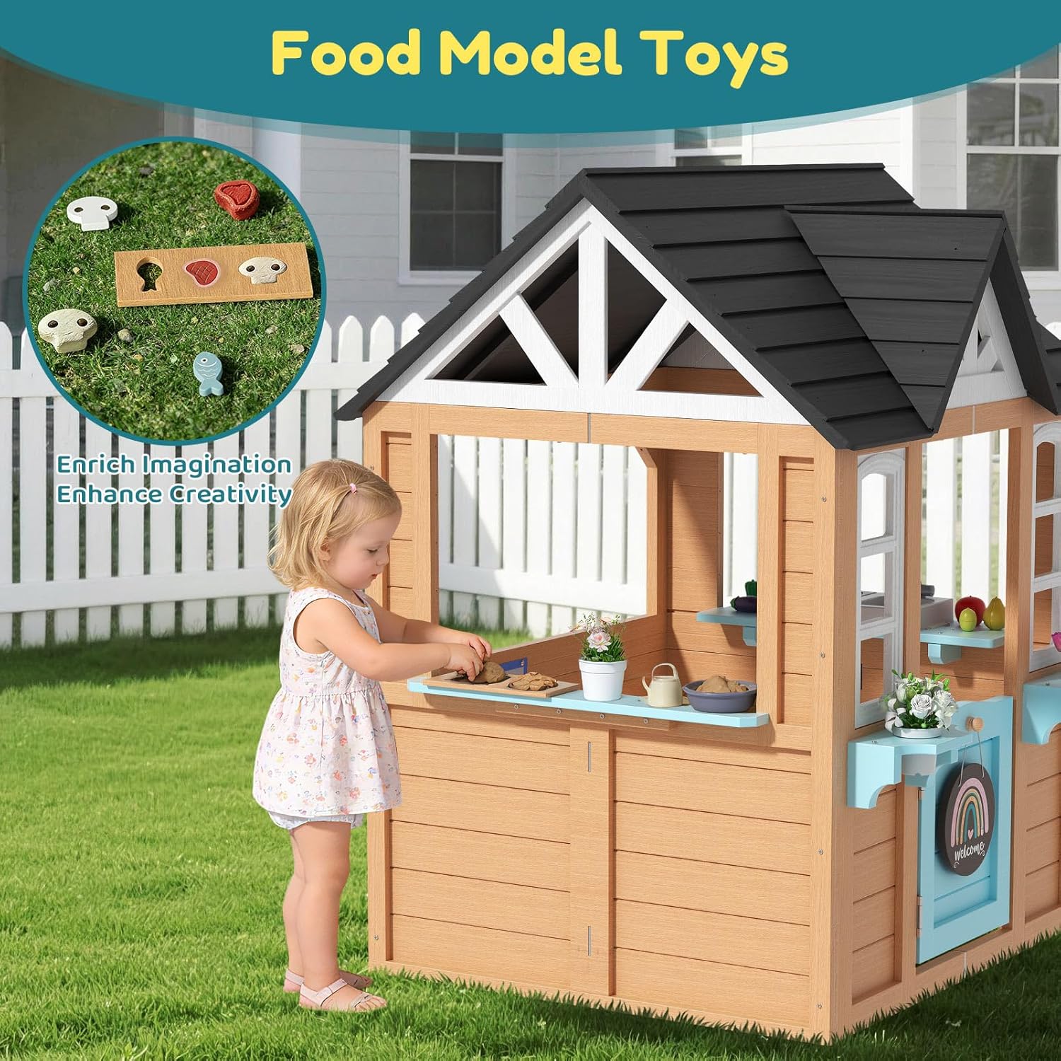 Outdoor Playhouse for Kids - Wooden Kid Play House with Play Kitchen, Birdhouse, Flowerpot Holders and Mud Molds