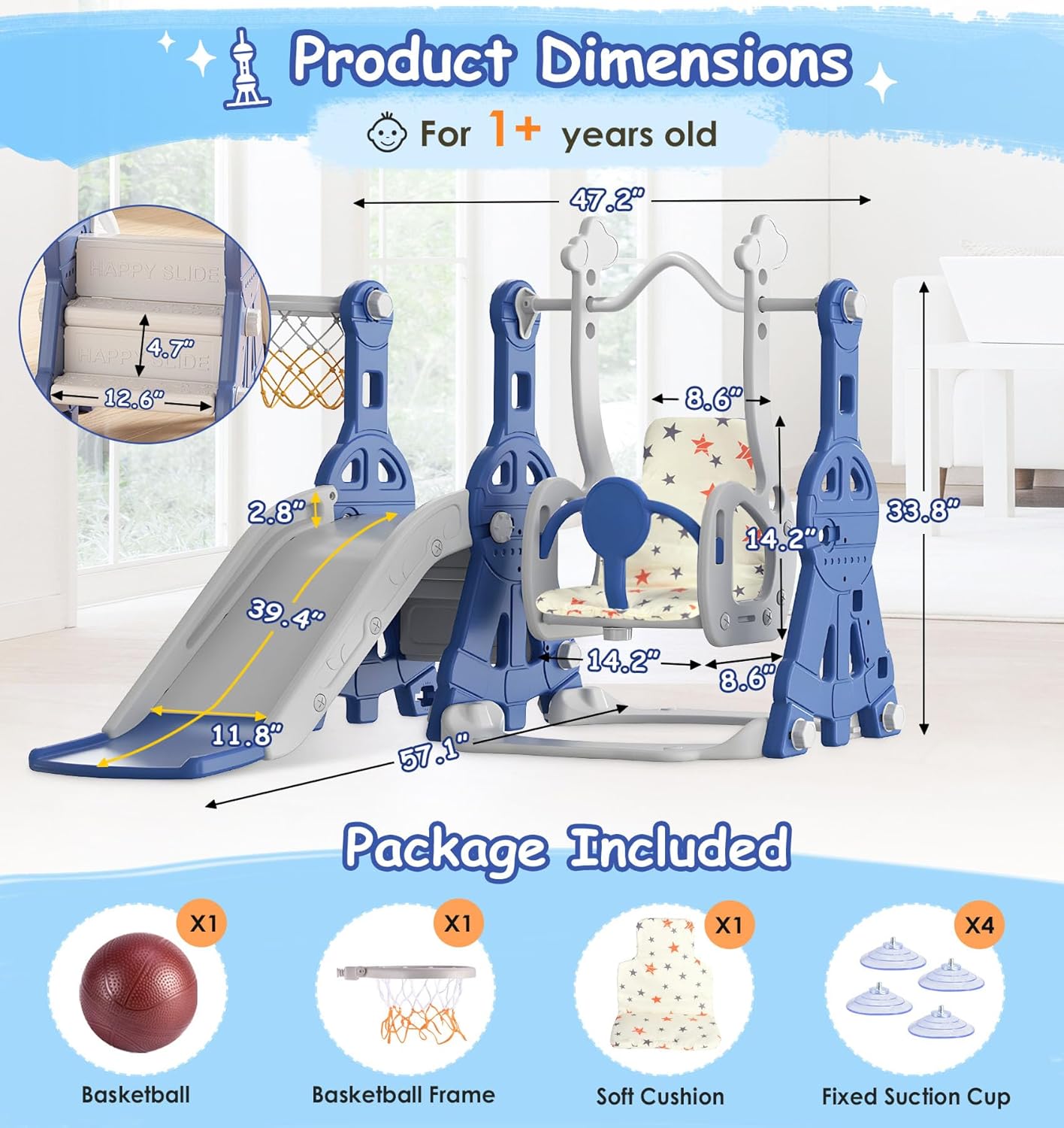 4 in 1 Toddler Slide and Swing Set, Baby Slide for Toddlers Age 1-2
