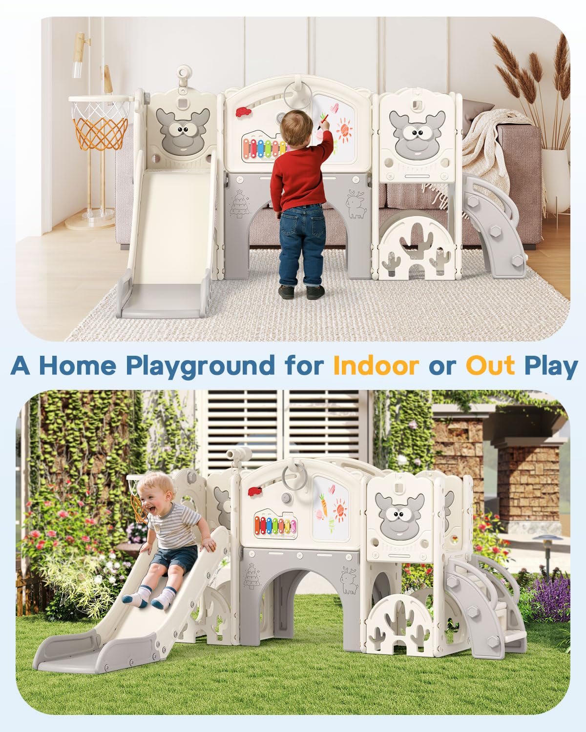 Toddler Slide Set with Basketball Hoop, Golf Game & Drawing Board, 13-in-1 Indoor Outdoor Toddler Slides Playground for Kids Ages 1+