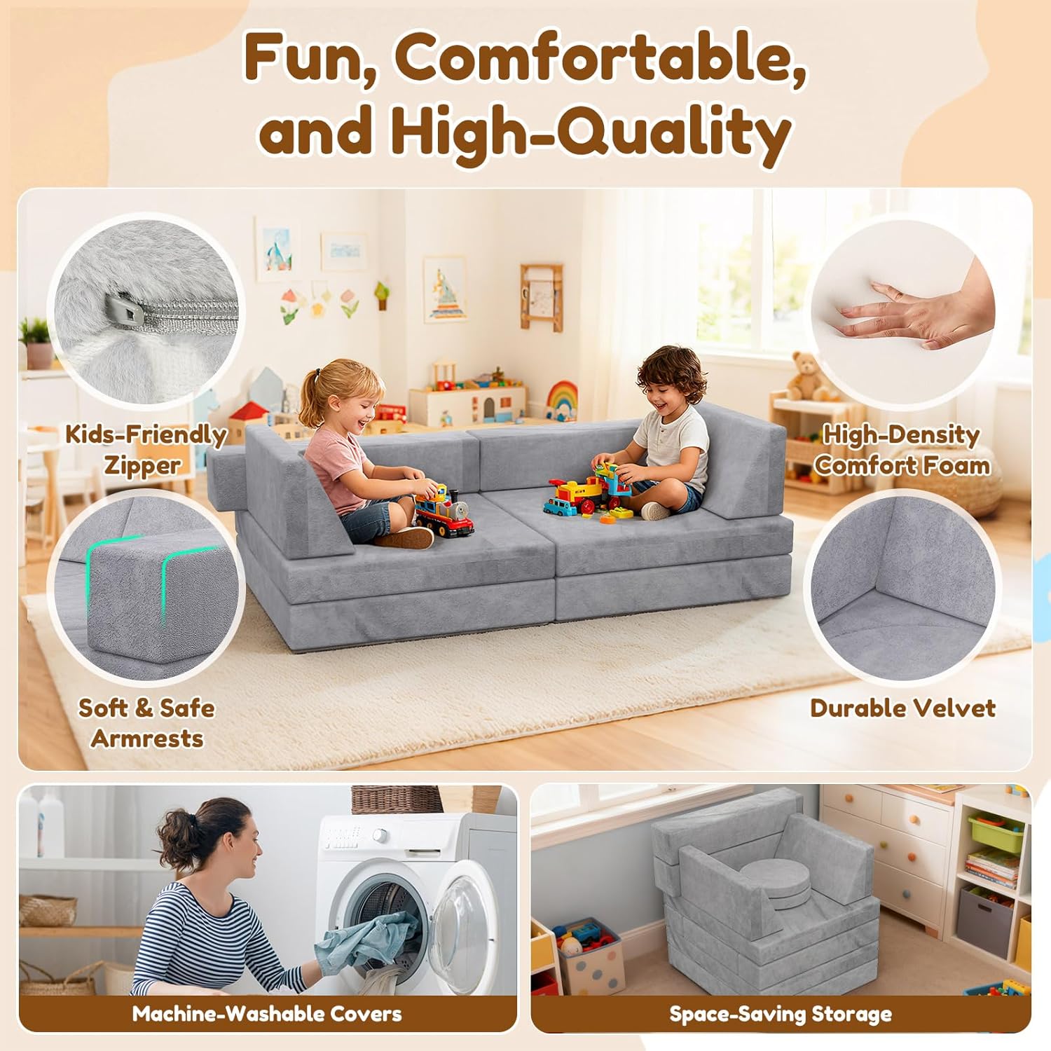 12PCS Modular Kids Play Couch with Blanket, Kids Sofa for Playroom & Indoor, Convertible Toddler Couch for Girls and Boys