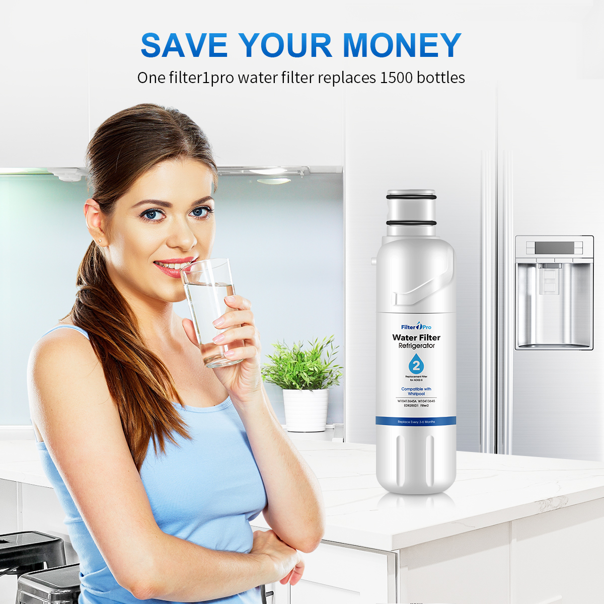 Water Filter 2 Replacement for Refrigerator EDR2RXD1 W10413645A P9RFWB2L GP002 Compatible with EveryDrop Filter 2 Whirlpool Filter 2 KitchenAid