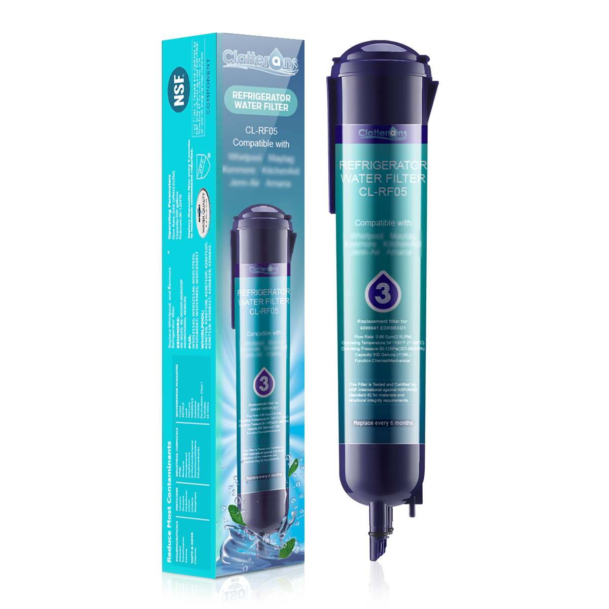 Clatterans CL-RF05 Refrigerator Water Filter Compatible for 4396710 4396841 Filter 3 & 9030 9083 Water Filter, 3-Pack