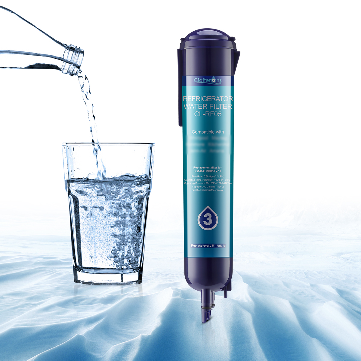 Clatterans CL-RF05 Refrigerator Water Filter Compatible for 4396710 4396841 Filter 3 & 9030 9083 Water Filter, 3-Pack