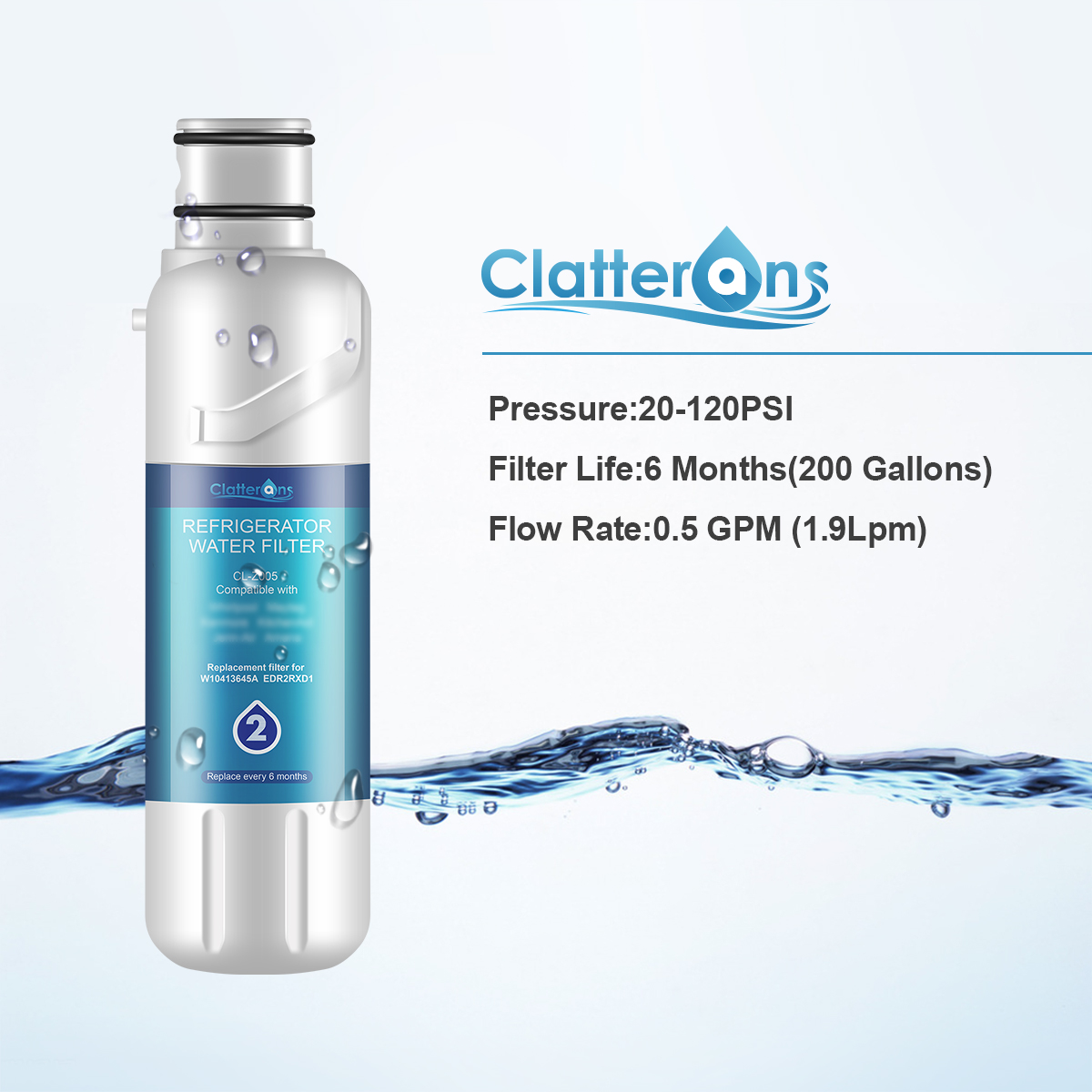 Clatterans CL-Z005 Refrigerator Water Filter Compatible for W10413645A Water Filter 2 & p6rfwb2 9082 