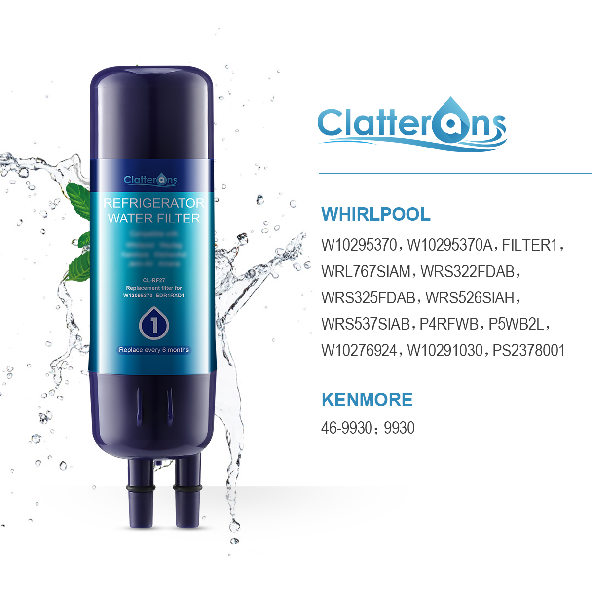 Clatterans CL-RF27 Refrigerator Water Filter Compatible for W10295370 W11602565 Filter 1 & 9930 Water Filter