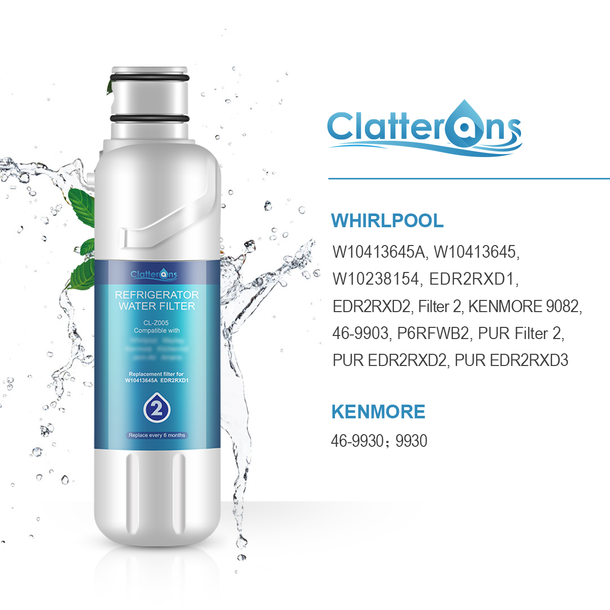 Clatterans CL-Z005 Refrigerator Water Filter Compatible for W10413645A Water Filter 2 & p6rfwb2 9082 