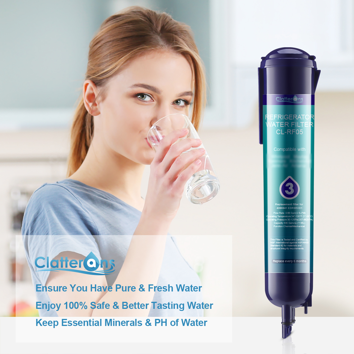 Clatterans CL-RF05 Refrigerator Water Filter Compatible for 4396710 4396841 Filter 3 & 9030 9083 Water Filter, 3-Pack