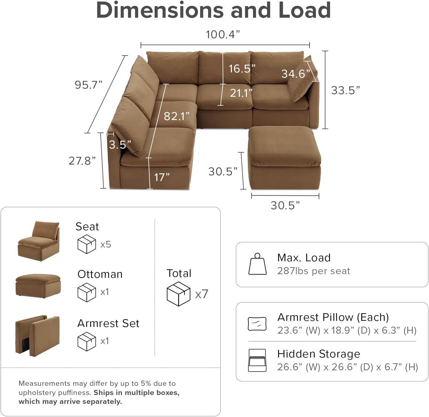 Oversized Modular Sectional Sofa with Fully Removable Covers and Storage