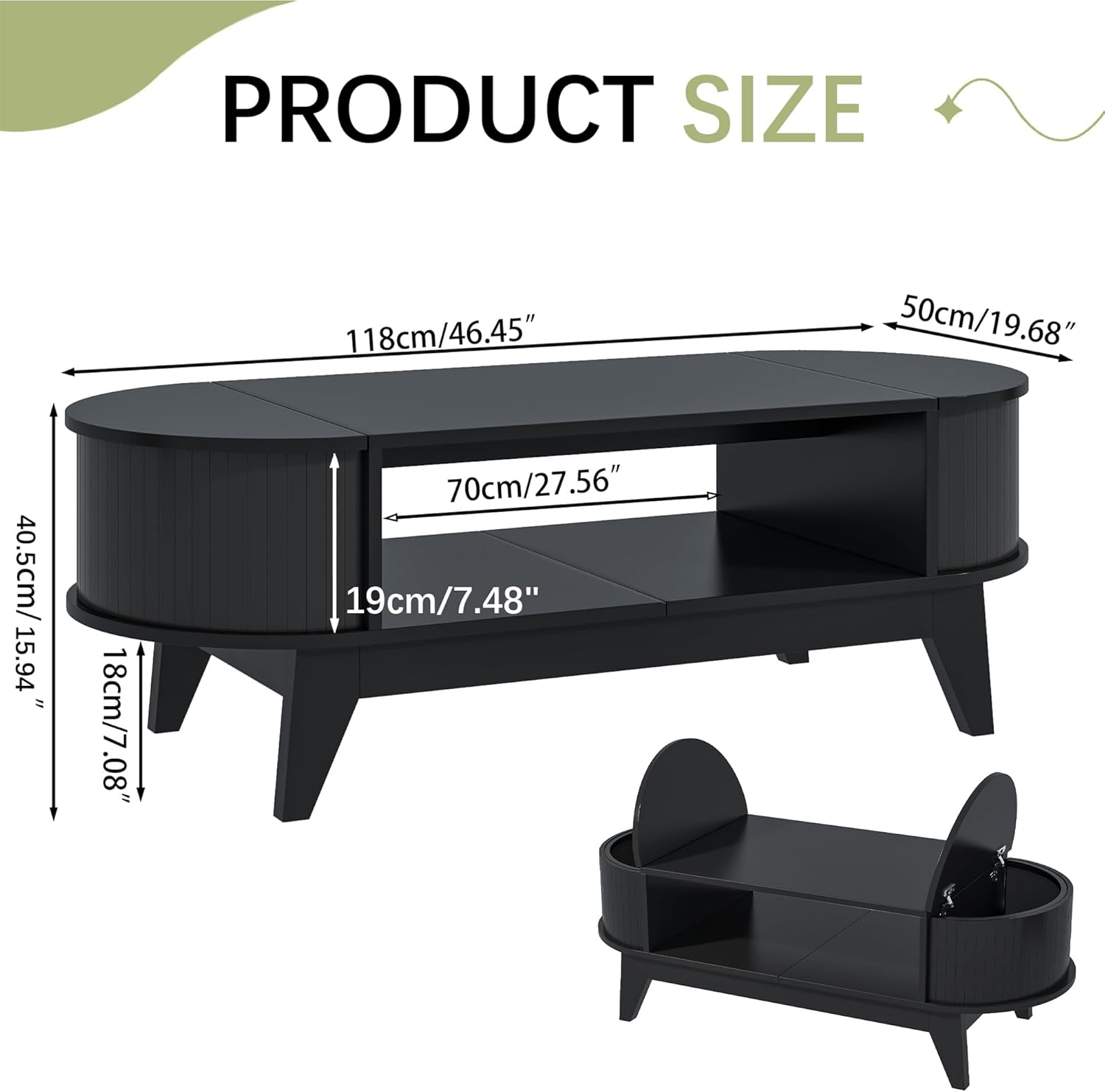 Coffee Table with 2 Hidden Storage, Mid Century Modern Coffee Table with Fluted Finish