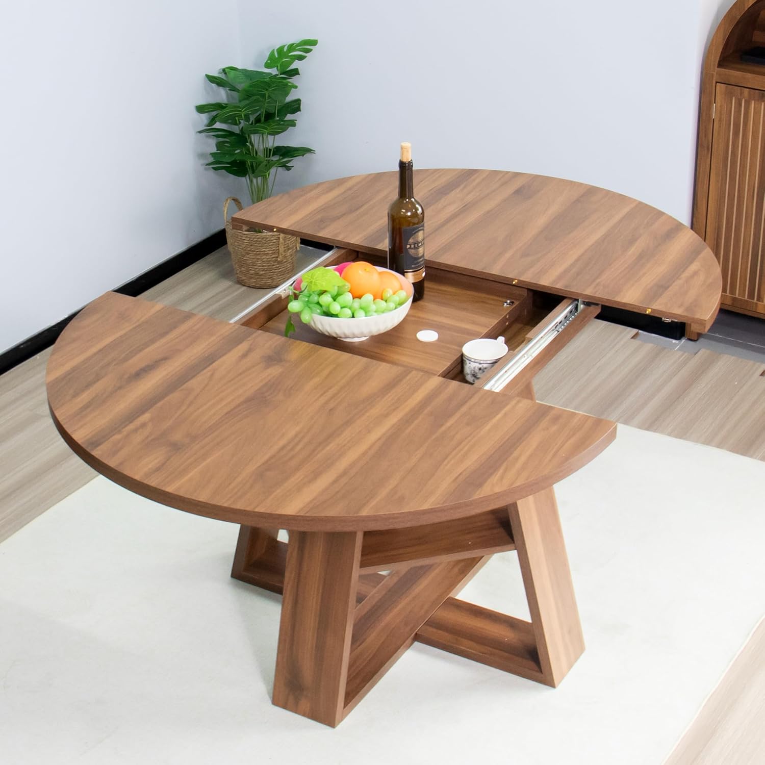 43.3in-59in Extendable Round Dining Table for 4-8,Modern Kitchen Oval Dining Table with Removable Leaves Space Saving