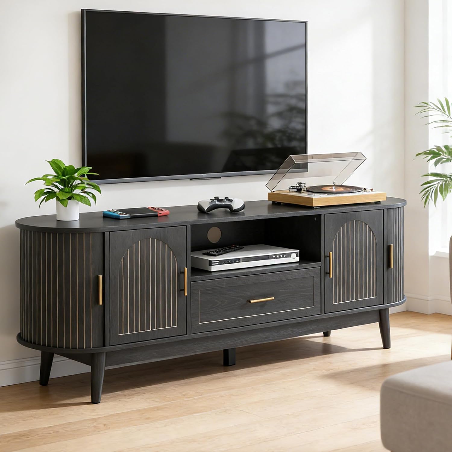 63" Fluted TV Stand for Tvs up to 70", Mid-Century Modern Entertainment Center with Drawers and Fluted Doors