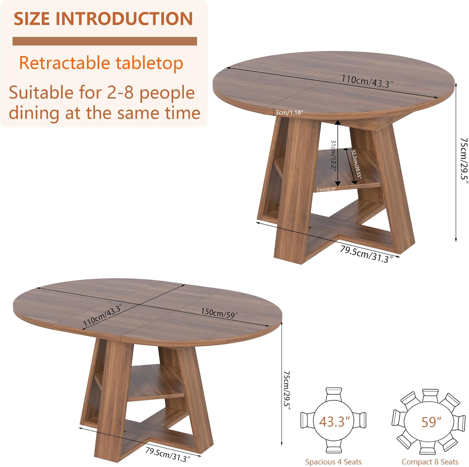 43.3in-59in Extendable Round Conference Table for 4-6 People, Wooden Oval Meeting Room Table with Removable Leaves