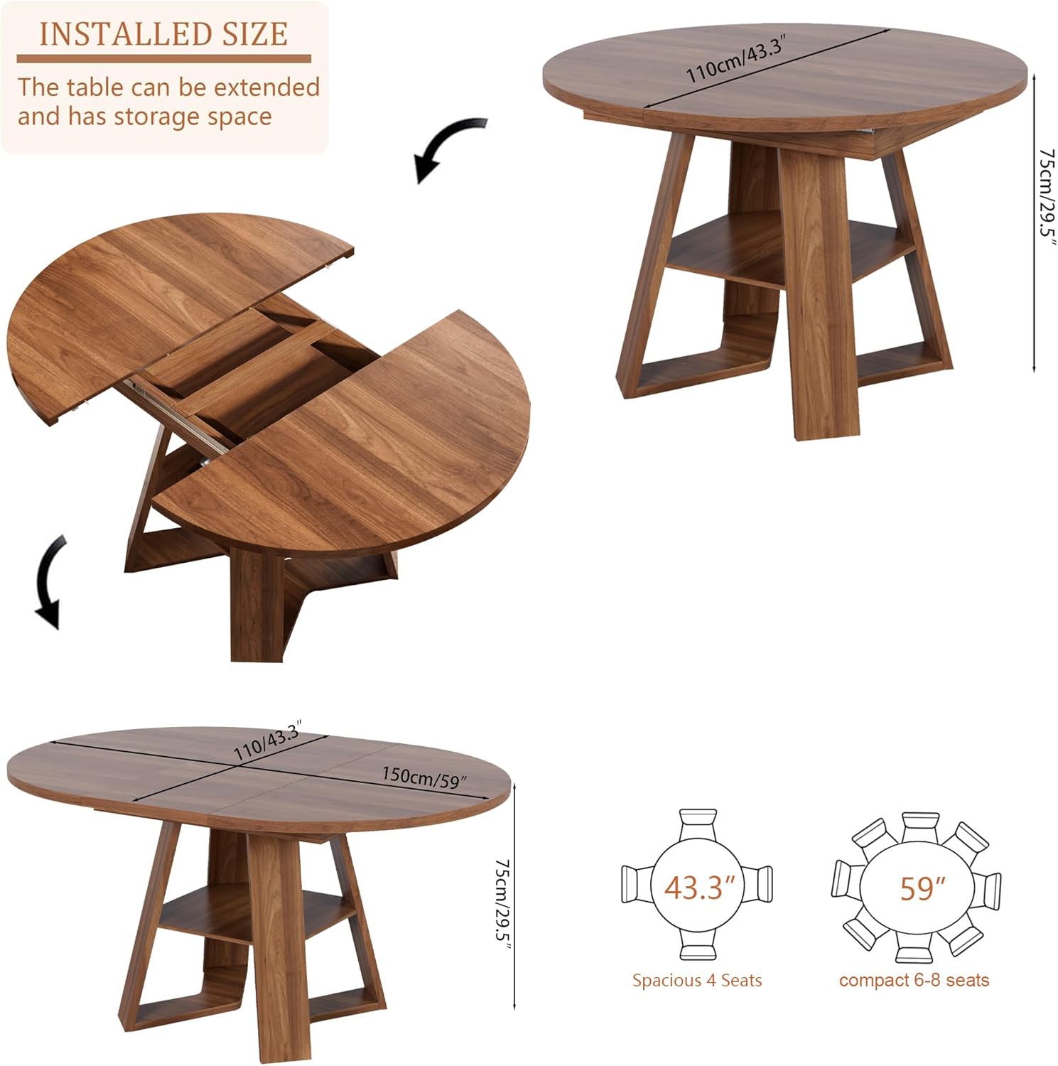 Round Conference Table for 4-6 People,43.3in-59in Extendable Wooden Oval Meeting Room Table with Removable Leaves