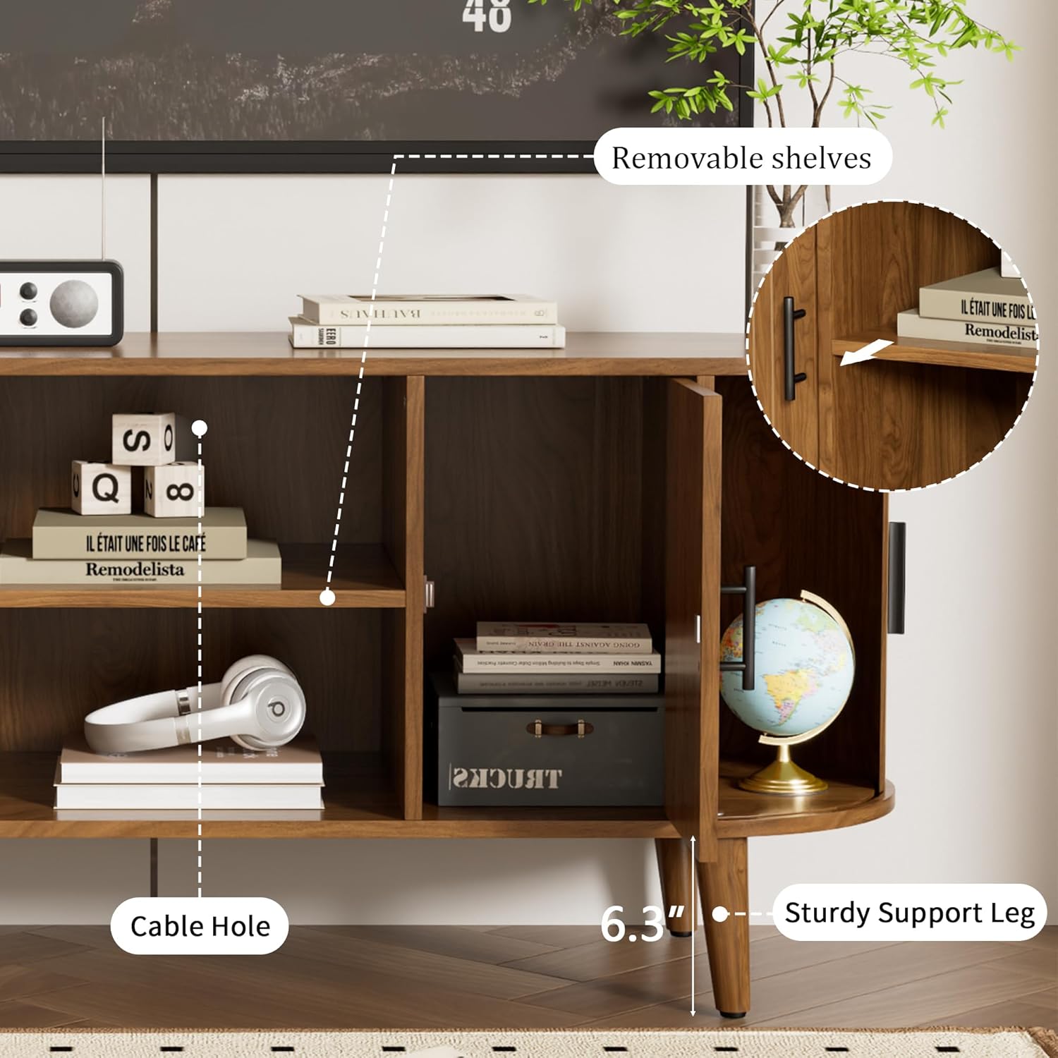 51" Fluted TV Stand, Mid-Century Modern Entertainment Center for TVs up to 60" with Drawers and Fluted Doors