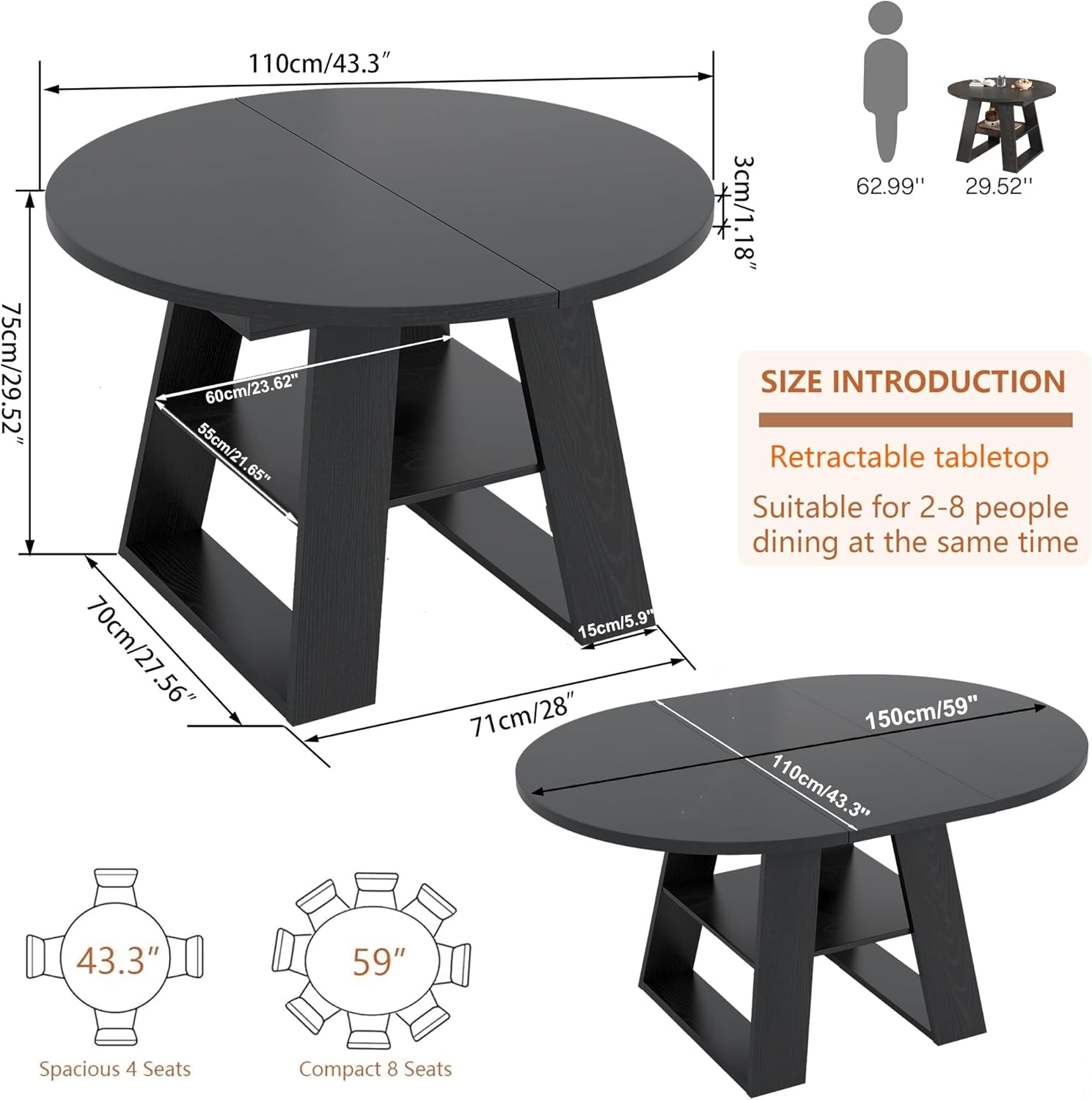 43.3in-59in Extendable Round Dining Table for 2-8,Modern Kitchen Oval Dining Table with Removable Leaves Space Saving