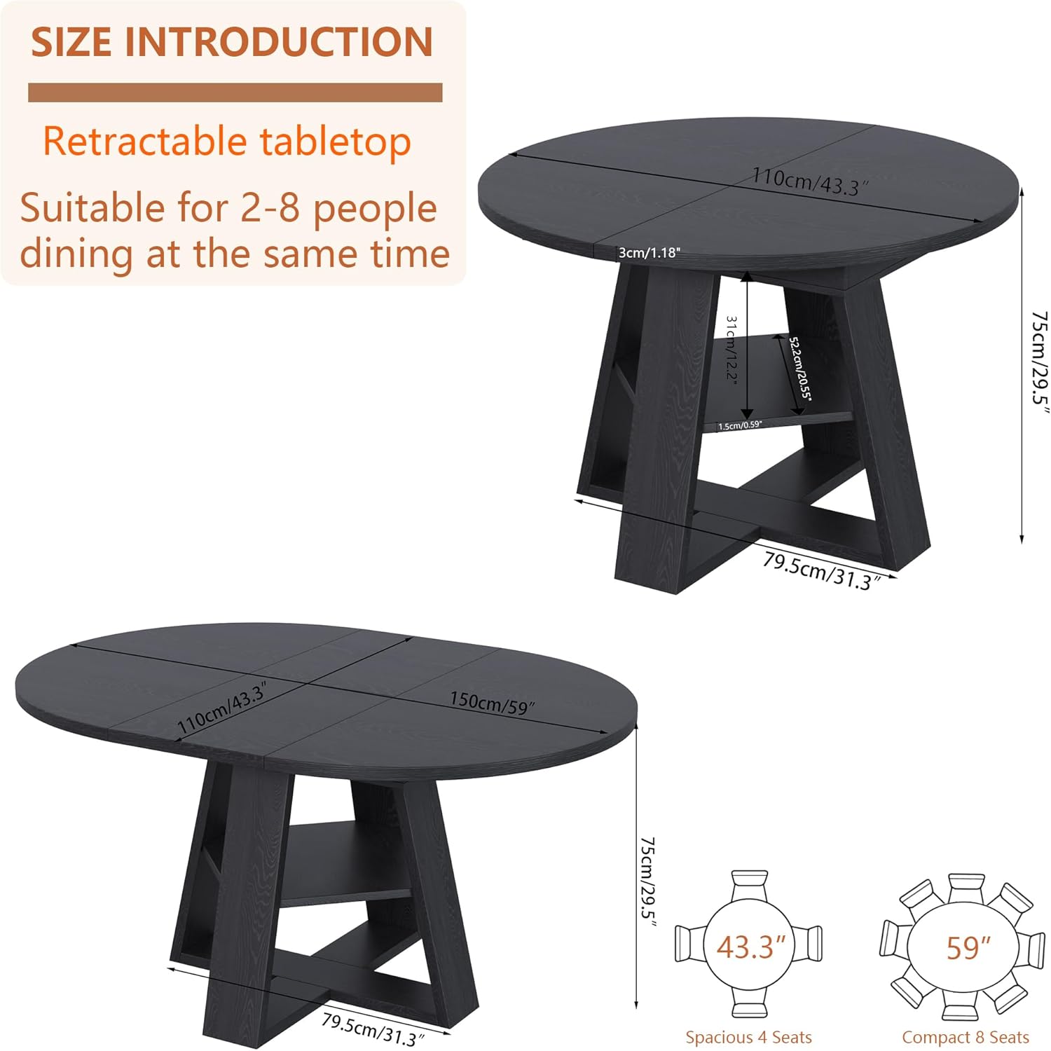 43.3in-59in Extendable Round Dining Table for 4-8,Modern Kitchen Oval Dining Table with Removable Leaves Space Saving