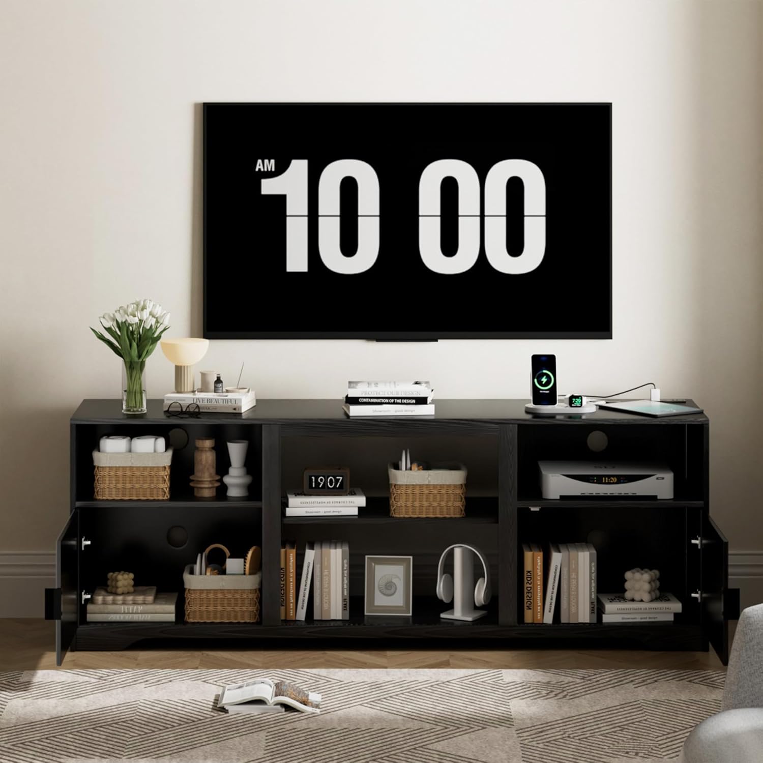 Fluted TV Stand for Tvs up to 80",Mid Century Modern TV Stand with Open Adjustable Shelf