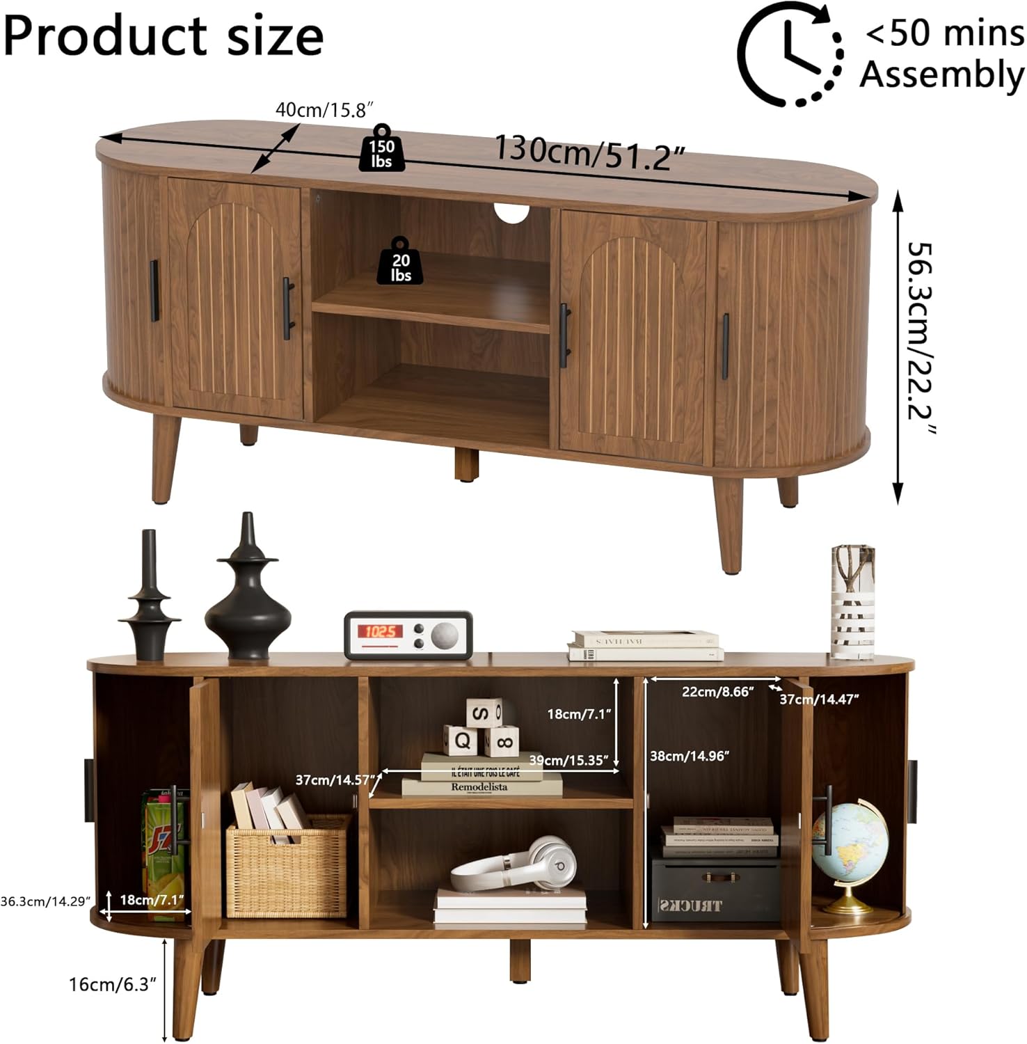 51" Fluted TV Stand, Mid-Century Modern Entertainment Center for TVs up to 60" with Drawers and Fluted Doors