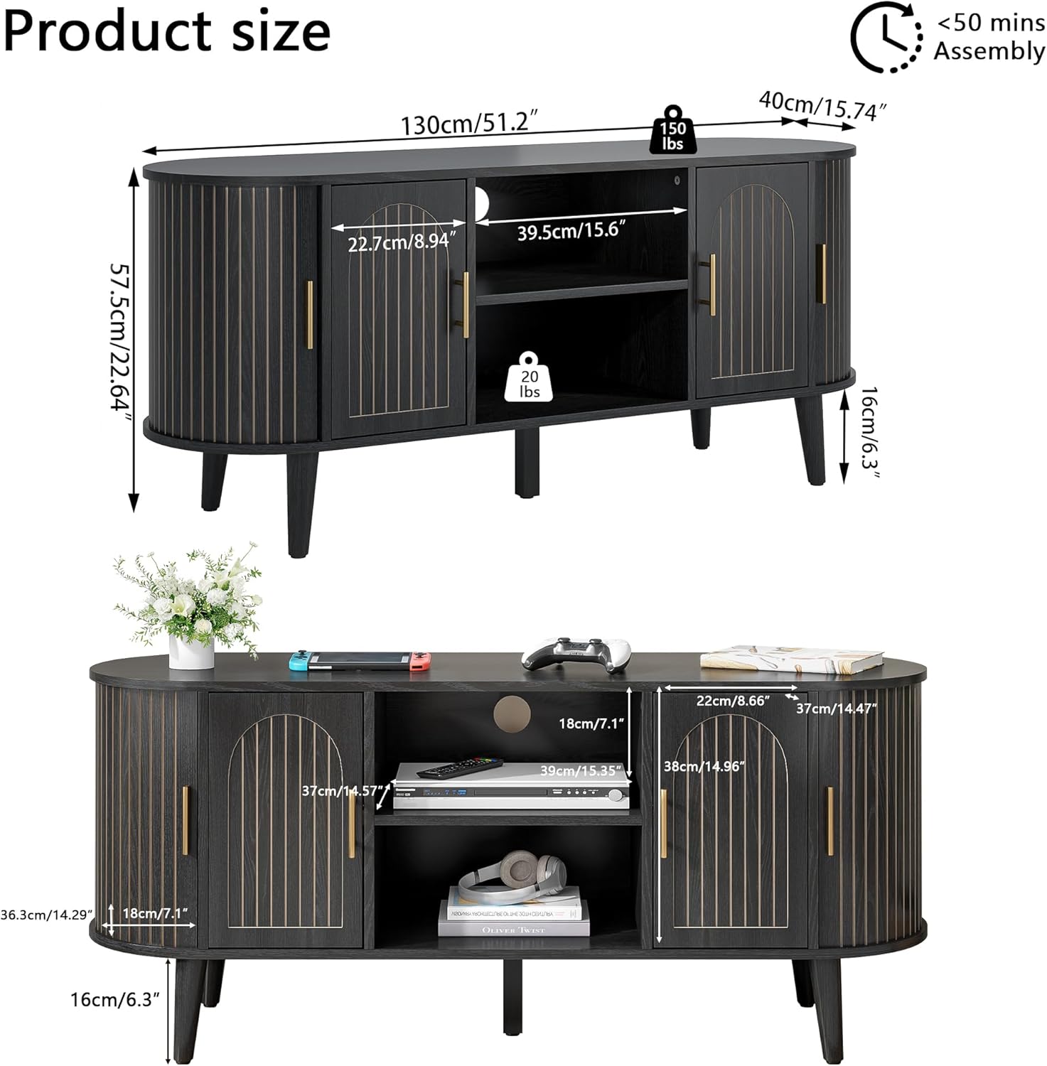 51" Fluted TV Stand, Mid-Century Modern Entertainment Center for Tvs up to 60" with Drawers and Fluted Doors