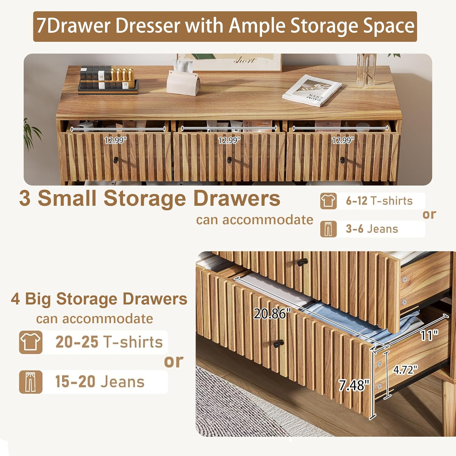 Fluted 7 Drawers Dresser for Bedroom, Modern Chest of Drawers for Bedroom