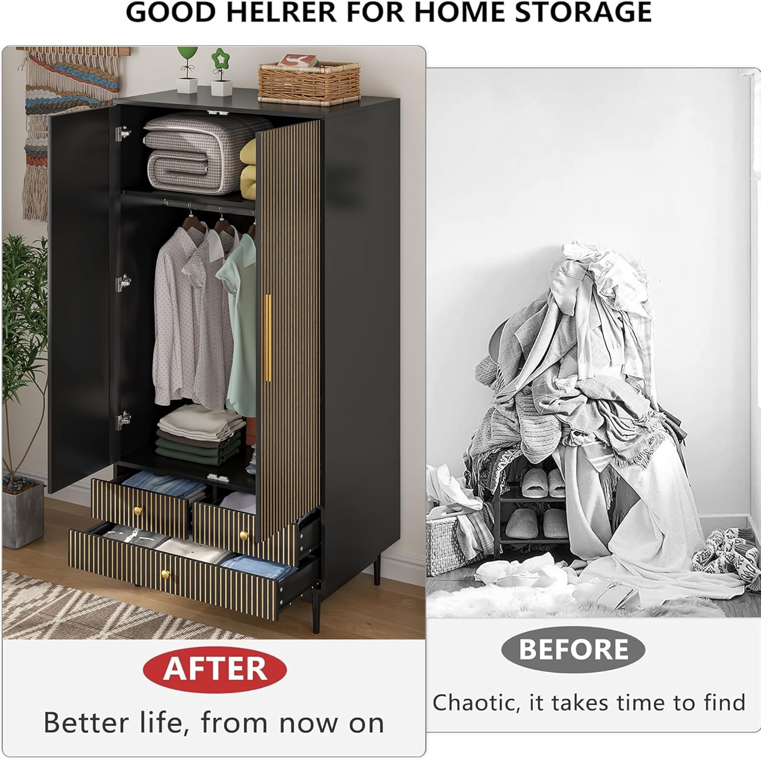 Armoire Wardrobe Closet with 2 Fluted Doors, 64.96" Wooden Clothes Storage Cabinet with Hanging Rod and Shelf Storage