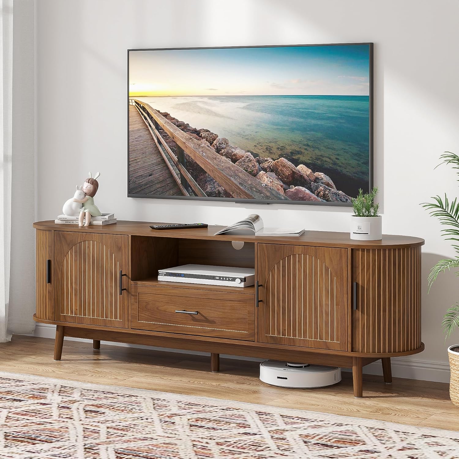 70" Fluted TV Stand for Tvs up to 80", Mid-Century Modern Entertainment Center with Drawers and Fluted Doors