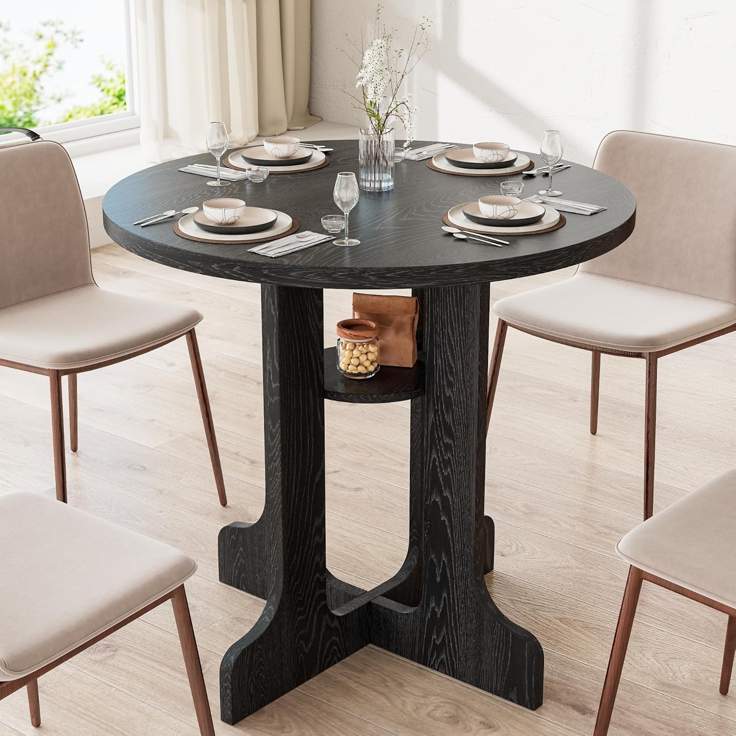 31.5 Inch Round Dining Table, Modern Small Kitchen Table for 2-4, Wooden Dining Room Table Base with Storage Shelf