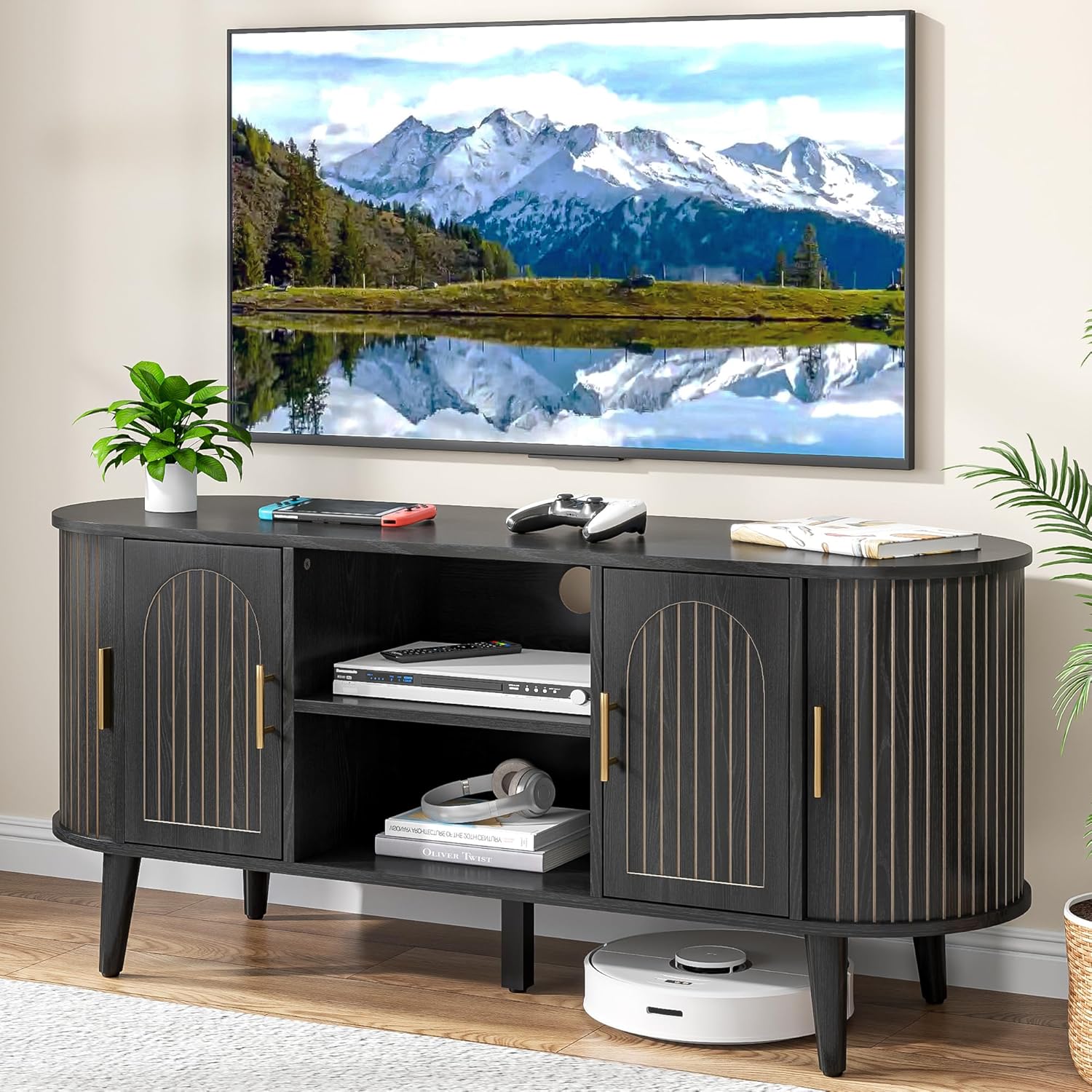 51" Fluted TV Stand, Mid-Century Modern Entertainment Center for Tvs up to 60" with Drawers and Fluted Doors
